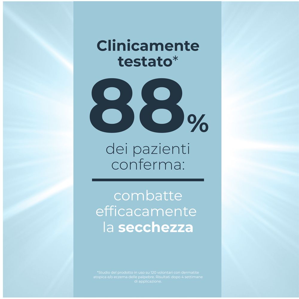 L'88% dei pazienti conferma: combatte efficacemente la secchezza. Testo su sfondo blu con asterisco.