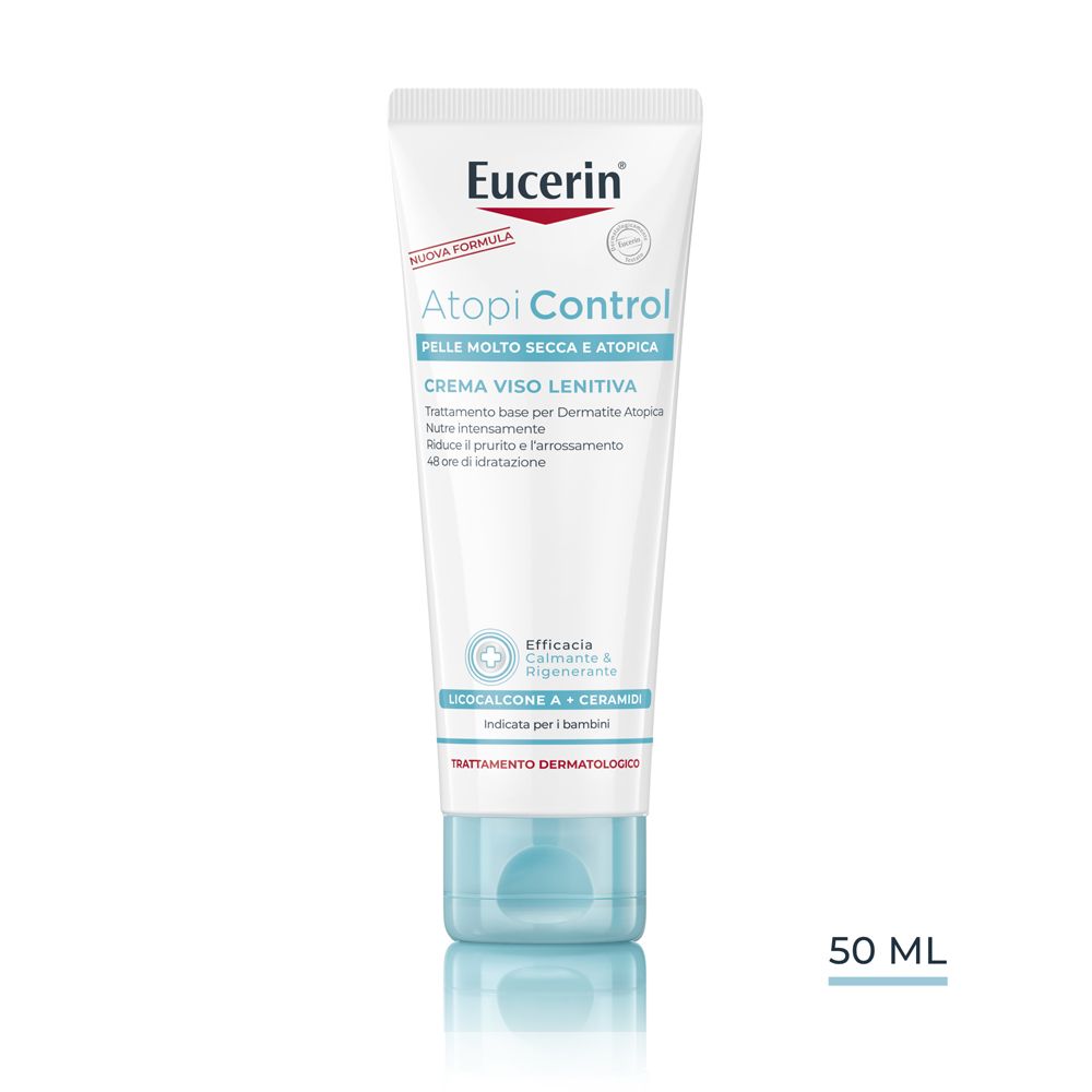 Eucerin AtopiControl crema viso, tubo da 50 ml. Tappo blu, tubo bianco con informazioni.