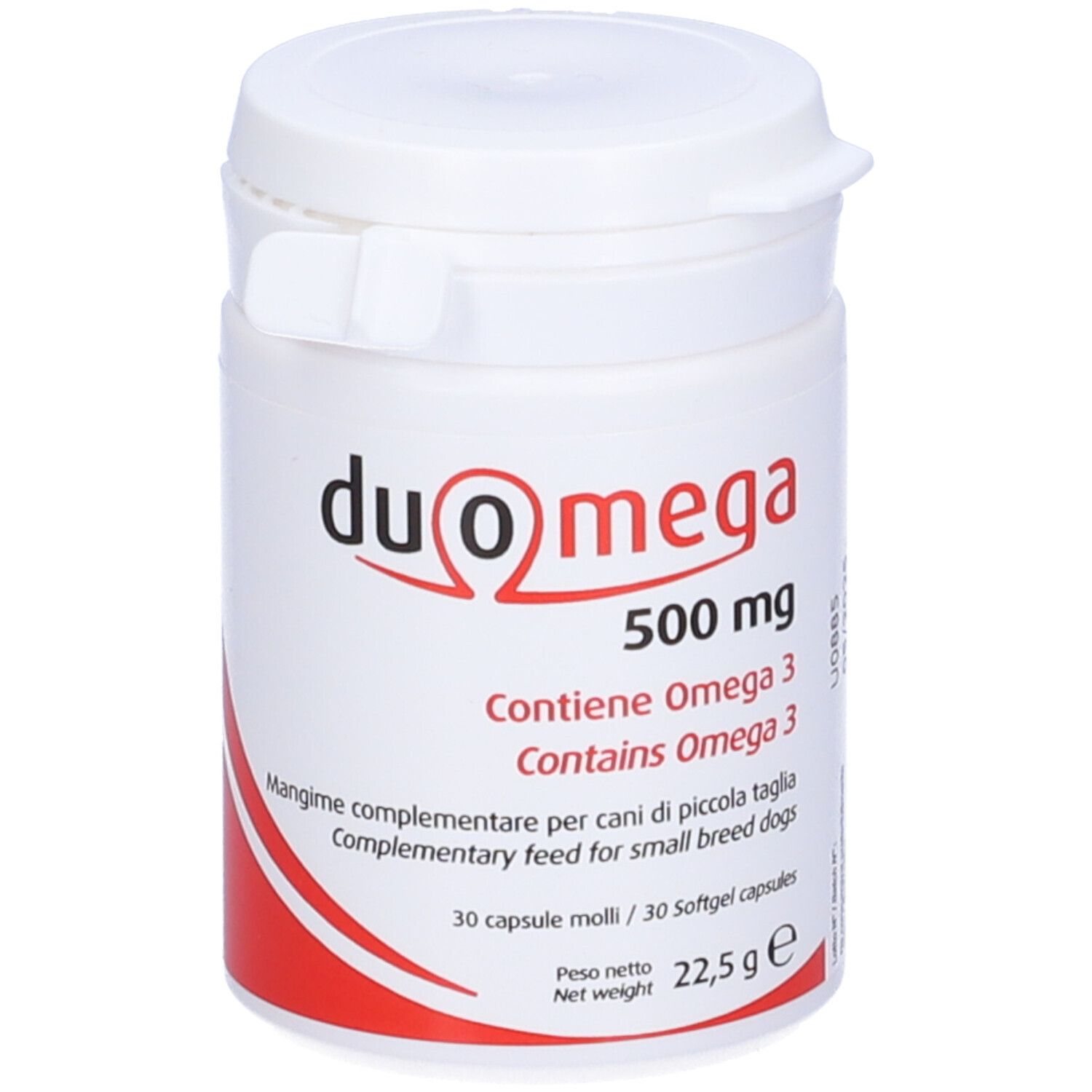Flacone bianco Duo Omega 500 mg. Contiene Omega 3. 30 capsule. Marchio Candioli.