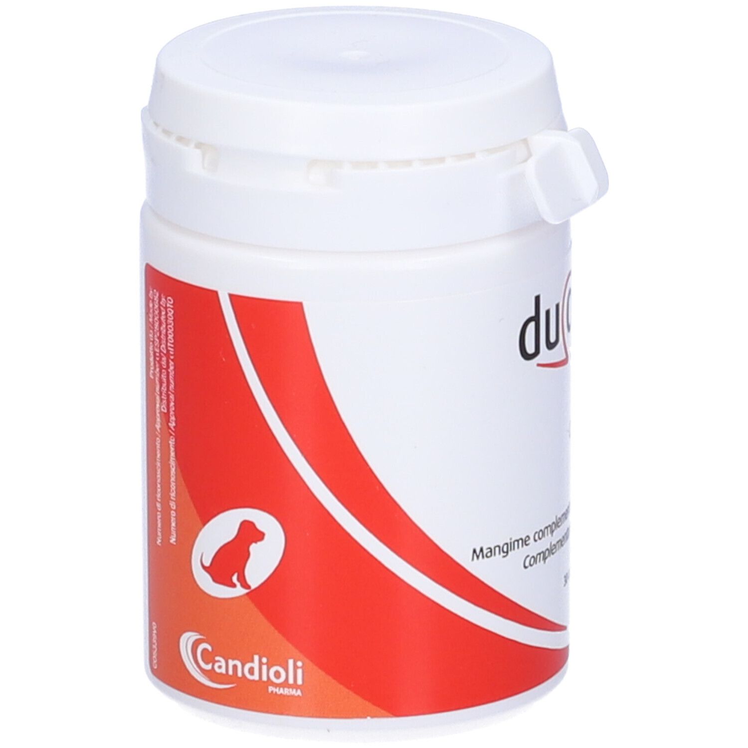 Flacone bianco con etichetta rossa. Marchio Candioli. Contiene Duo Omega.