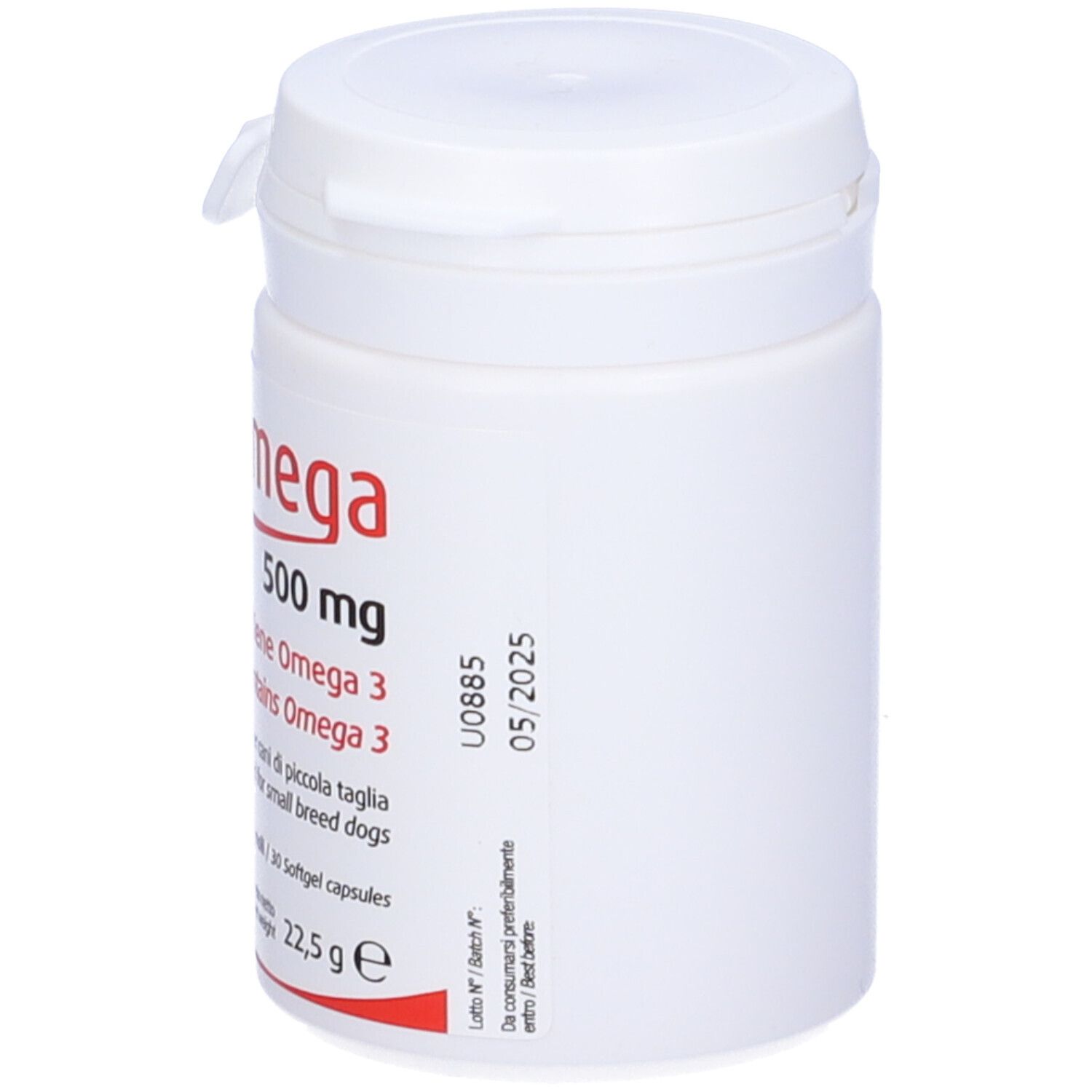 Flacone bianco Duo Omega 500 mg. Contiene Omega 3. Scadenza 05/2025.