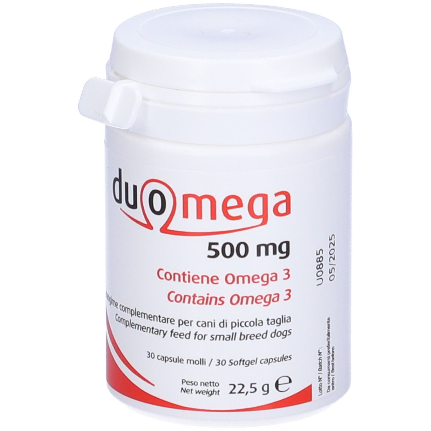 Flacone bianco Duo Omega 500 mg. Contiene Omega 3. 30 capsule. Marchio Candioli.