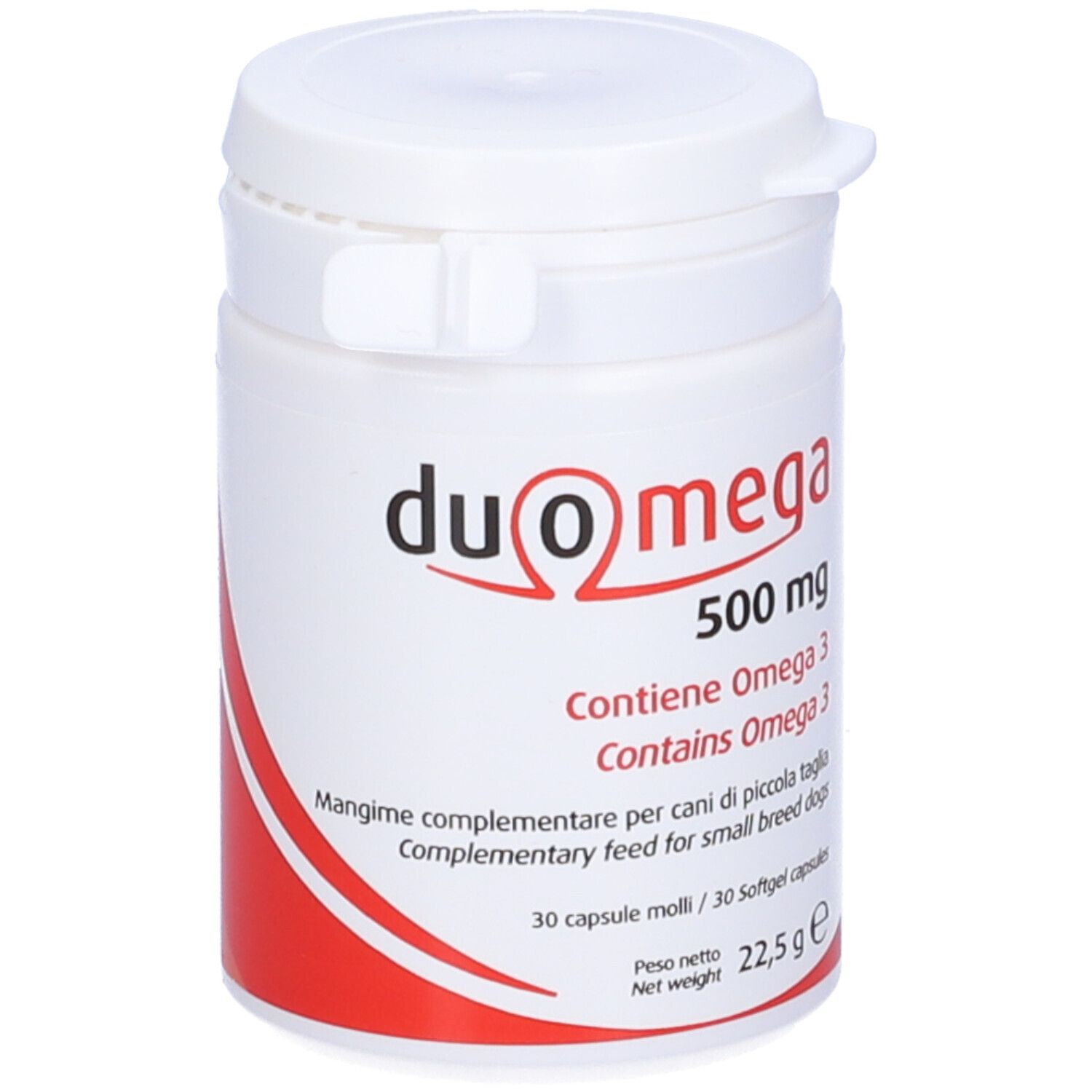 Flacone bianco Duo Omega 500 mg. Contiene Omega 3. 30 capsule. Marchio Candioli.