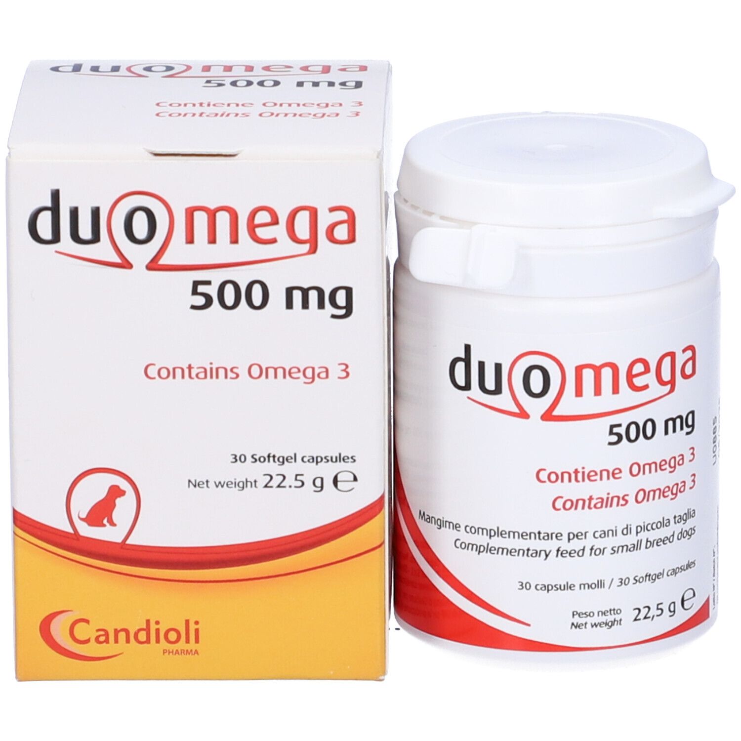 Flacone e confezione Duo Omega 500 mg. Contiene Omega 3. 30 capsule. Marchio Candioli.