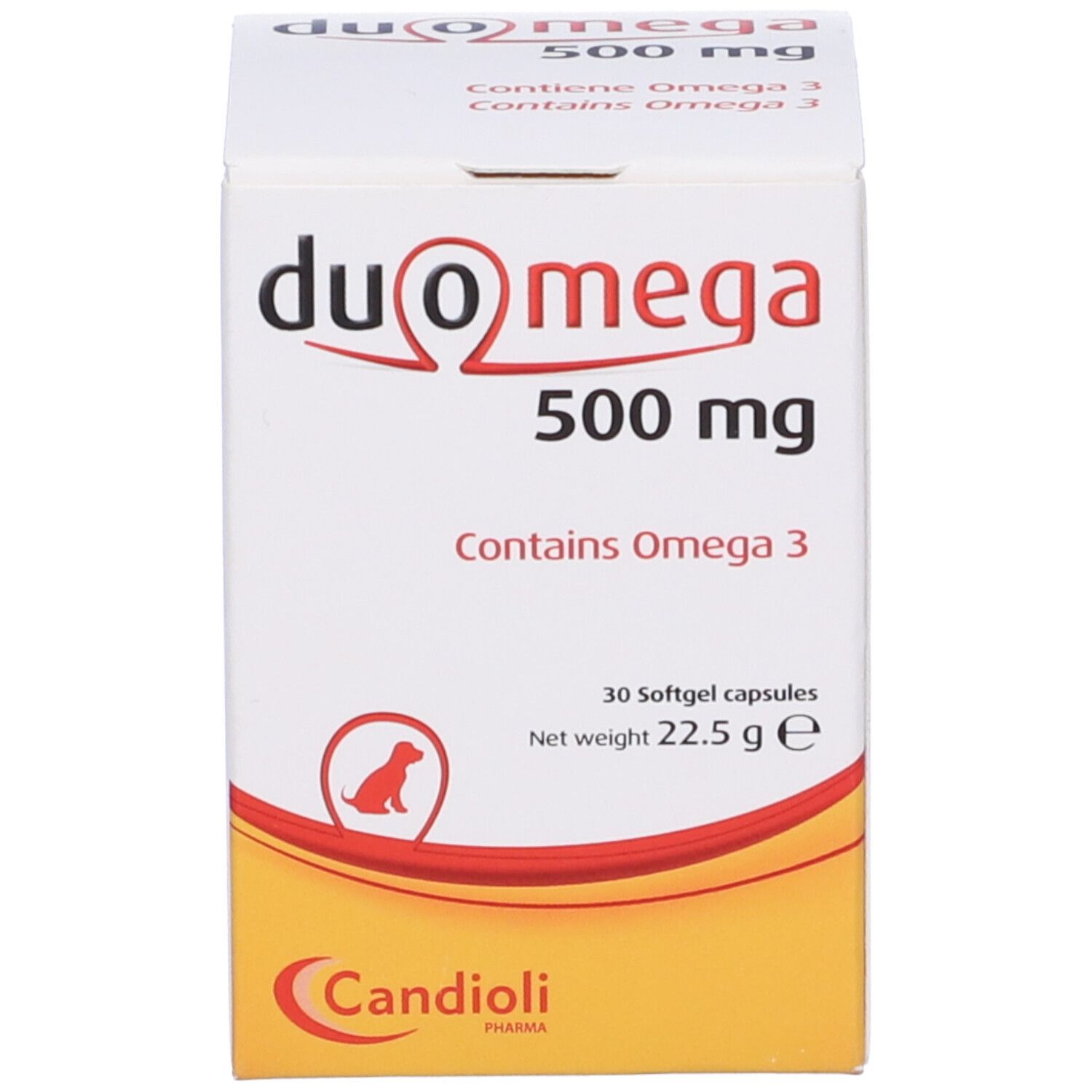 Confezione di Duo Omega 500 mg. Contiene Omega 3. 30 capsule. Marchio Candioli.