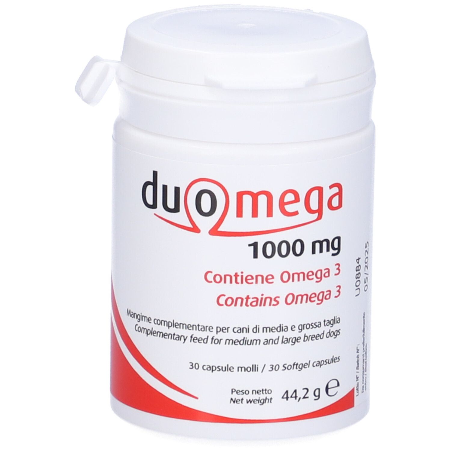 Duo Omega 1000 mg Dose mit 30 Weichkapseln für Hunde.