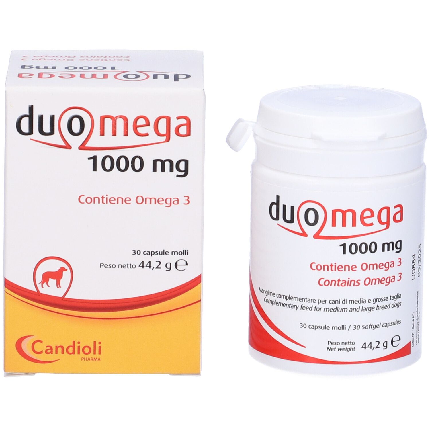 Duo Omega 1000 mg Dose mit 30 Weichkapseln für Hunde.