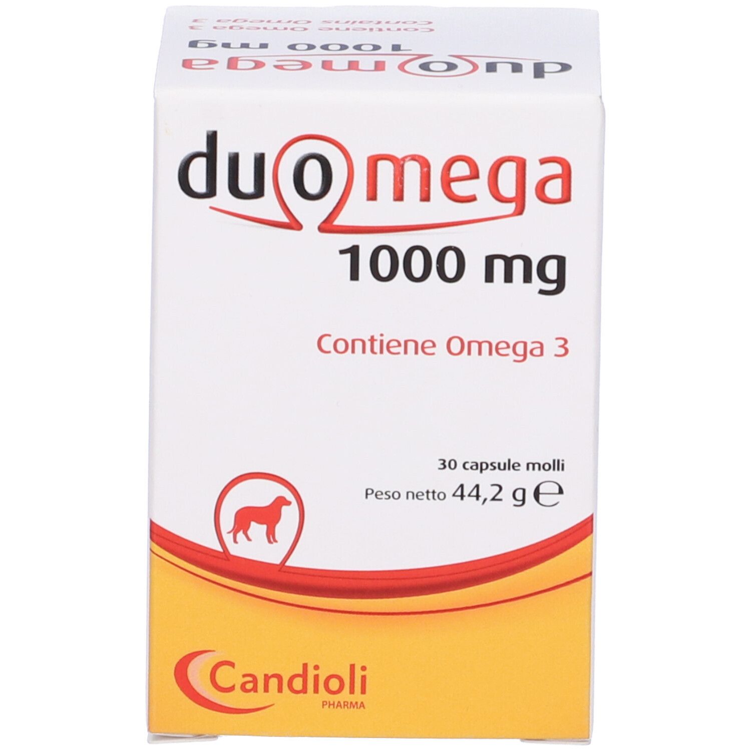 Verpackung von Duo Mega 1000 mg, enthält Omega 3, 30 Weichkapseln.