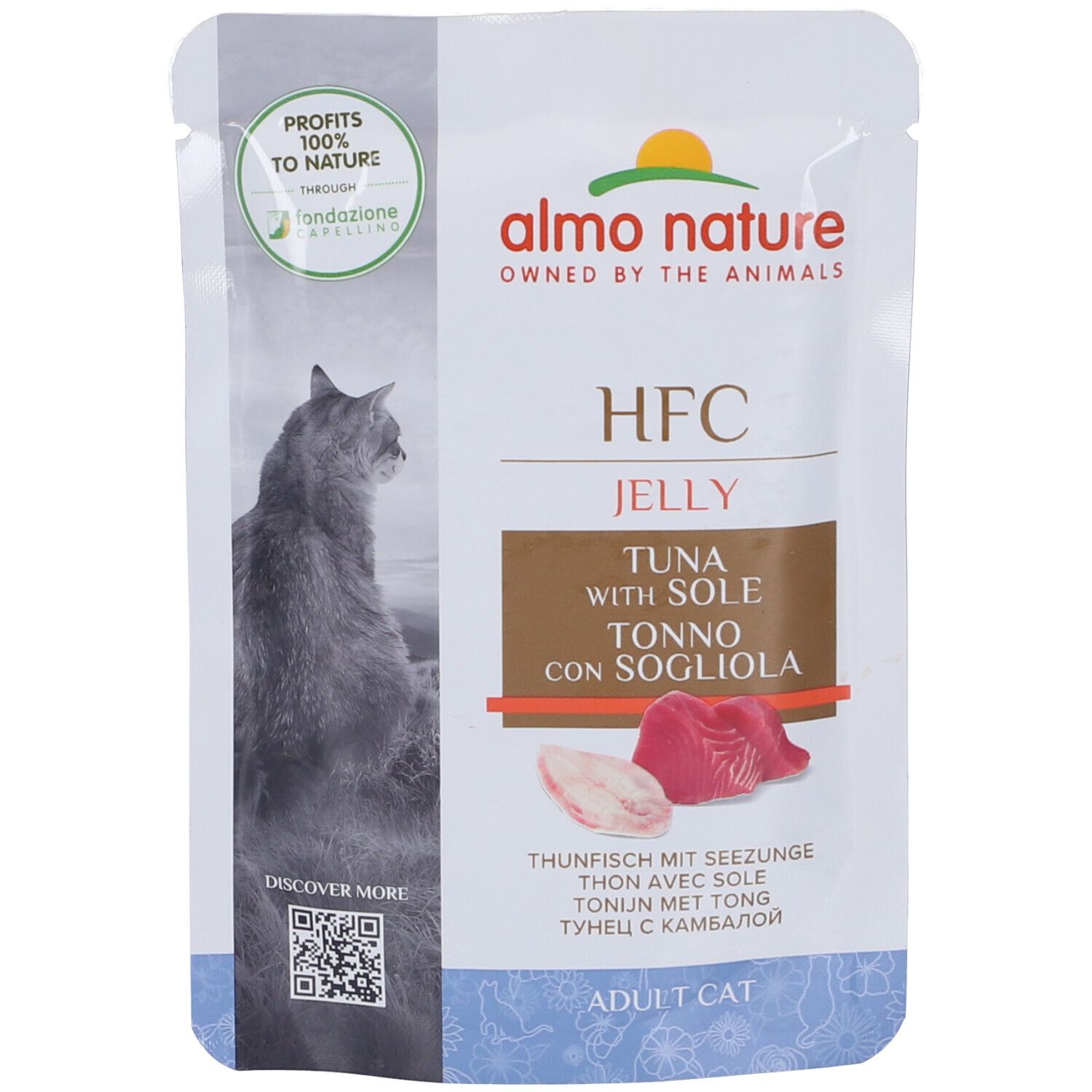 Confezione di HFC Jelly Tonno E Sogliola. Immagine del prodotto e testo. Logo Almo Nature.