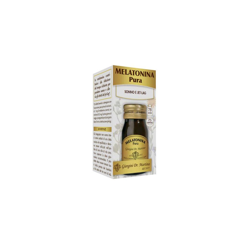 Karton mit Produktflasche. Aufschrift: Melatonina Pura, 75 Pastiglie. Flasche mit goldfarbenem Deckel.