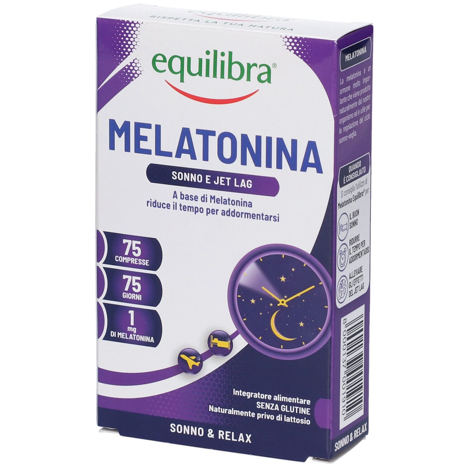 Equilibra Melatonina: 75 Tabletten, 1mg Melatonin. Für Schlaf und Jetlag. Ohne Gluten, ohne Laktose.