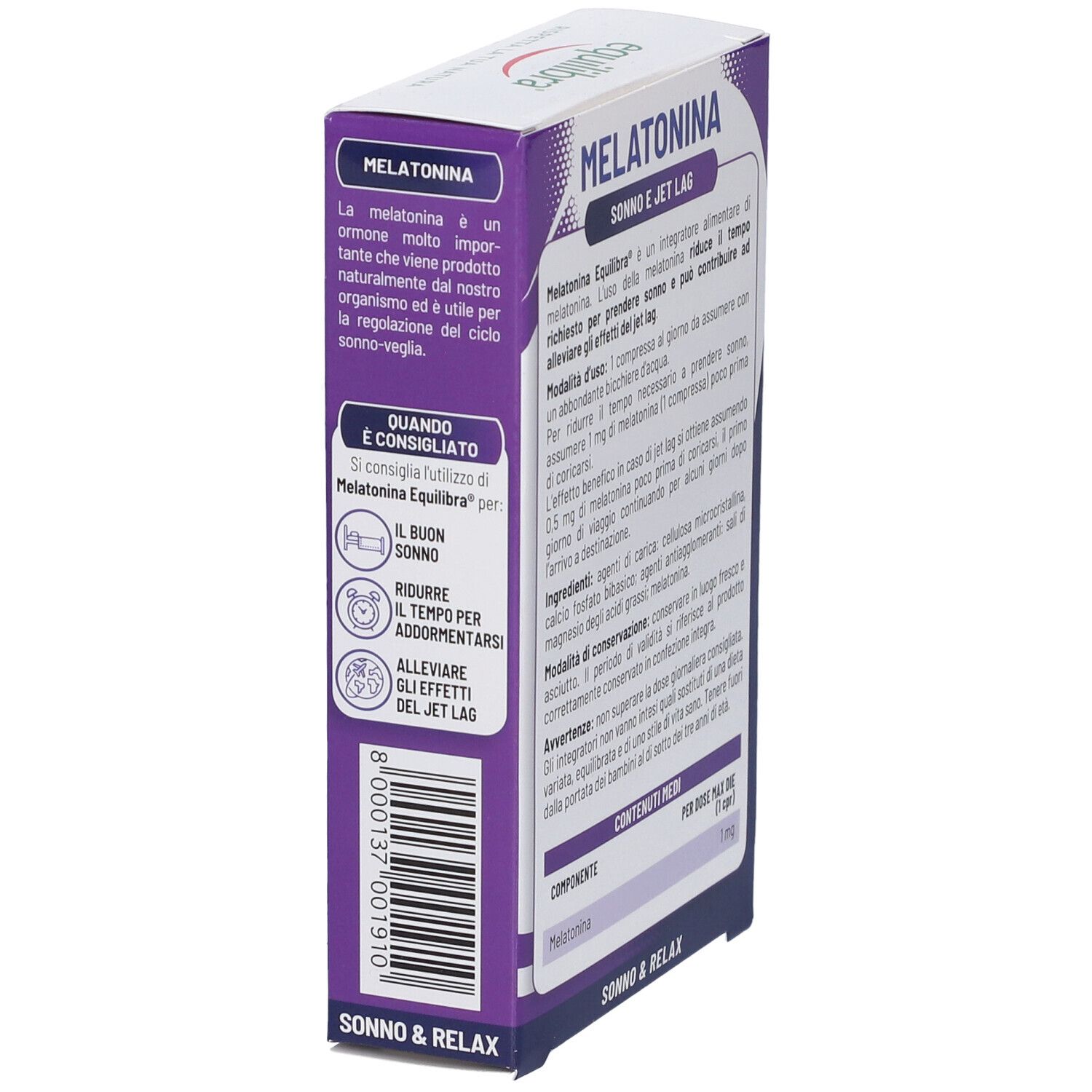 Equilibra Melatonina: Seitenansicht der Verpackung mit Barcode und Produktinformationen. 75 Tabletten.