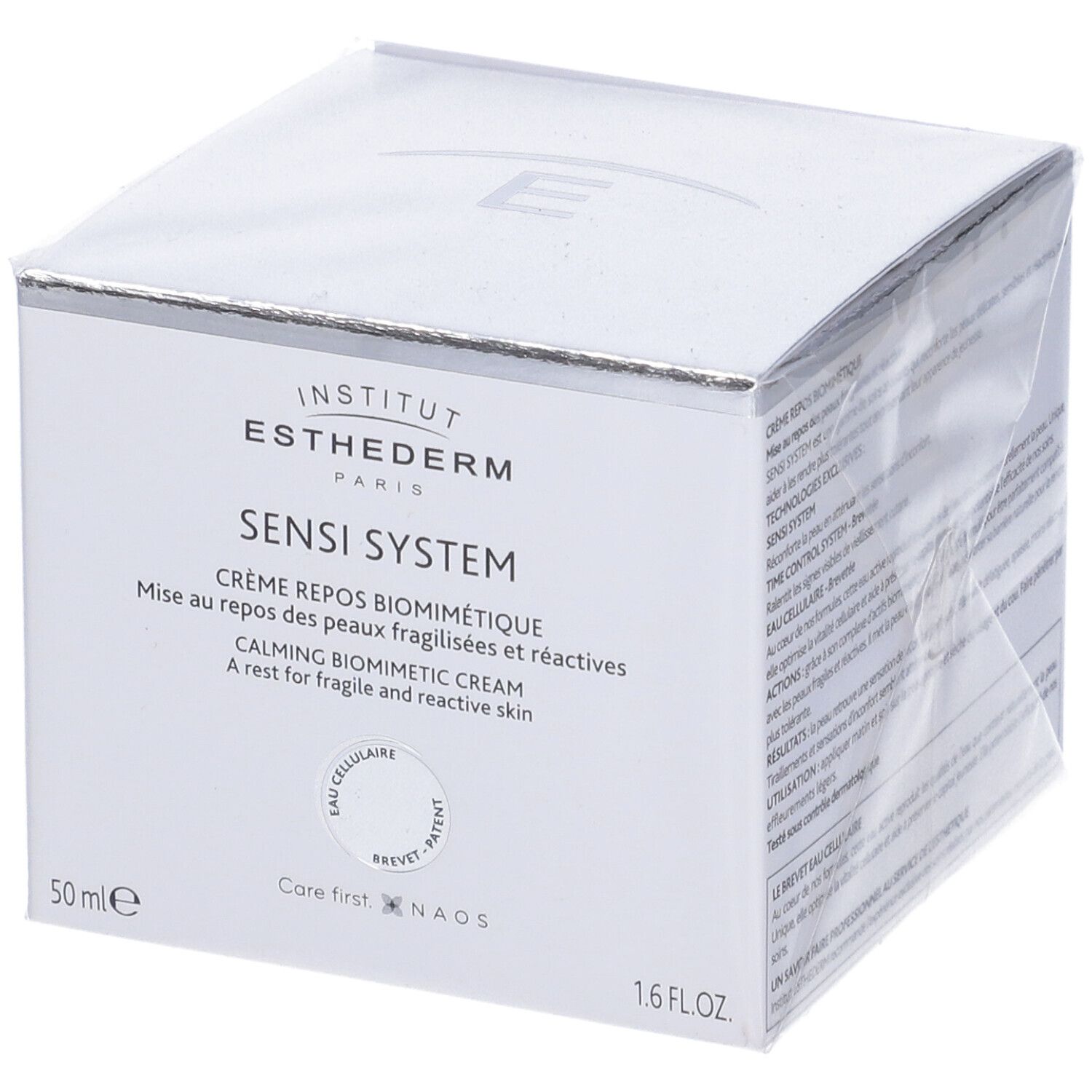 Scatola bianca con testo e nome del prodotto. Marchio: Institut Esthederm. Prodotto: Sensi System Crème Repos Biomimétique.