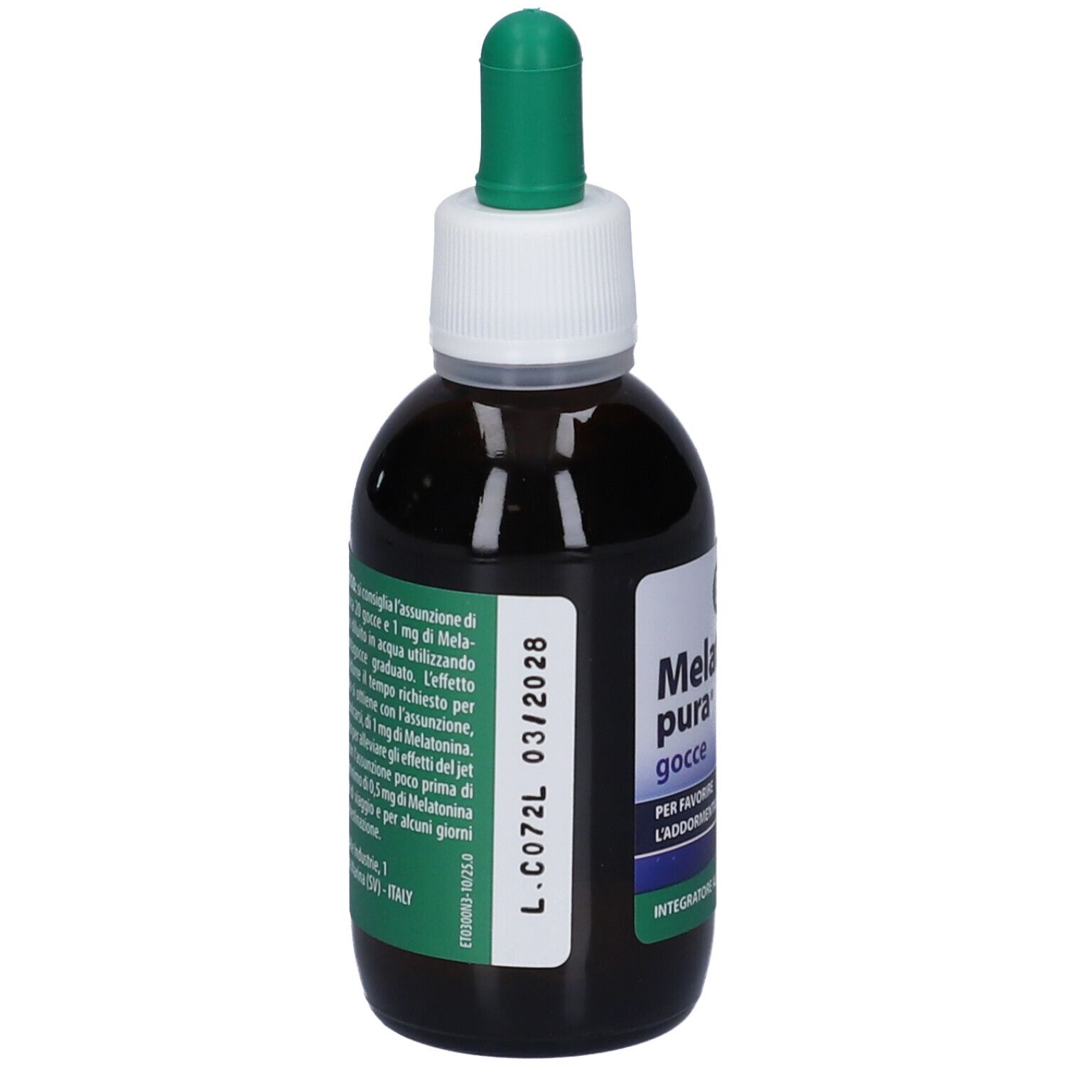 Rückseite der Melatonin Pura Tropfenflasche mit Pipette, 50ml.