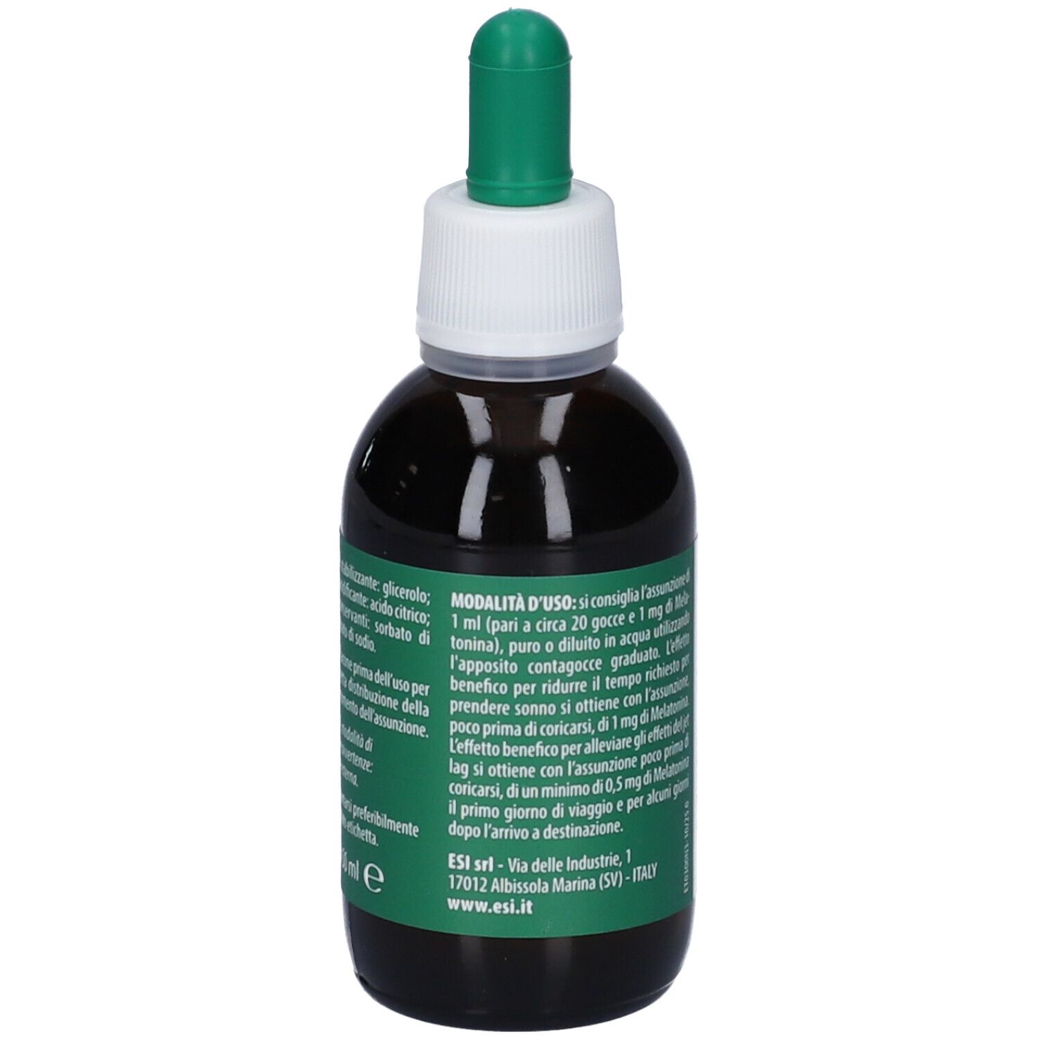 Seitenansicht der Melatonin Pura Tropfenflasche mit Pipette, 50ml.