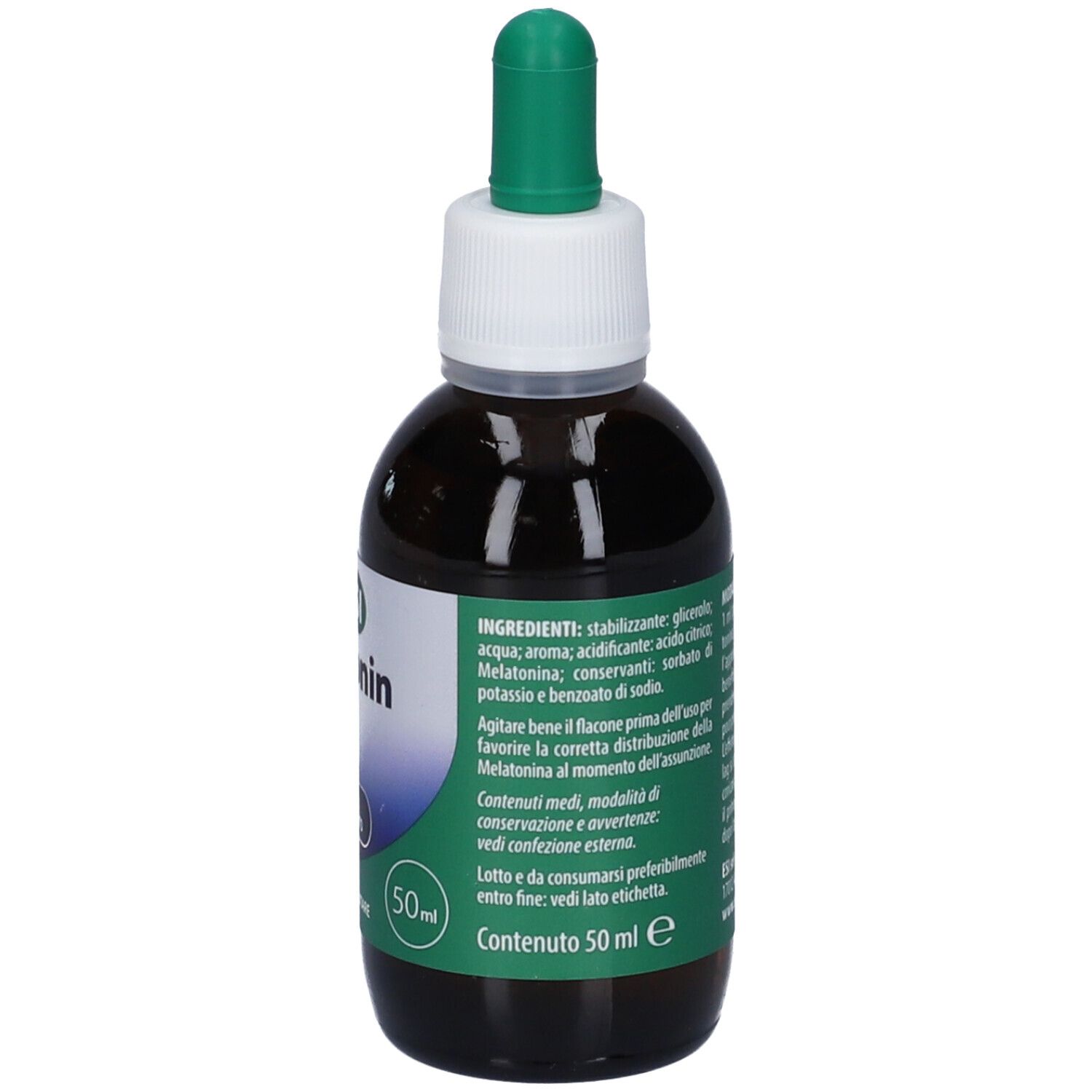 Rückseite der Melatonin Pura Tropfenflasche mit Pipette, 50ml.