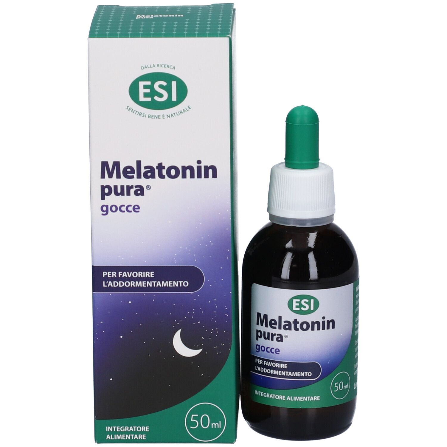 Melatonin Pura Tropfenflasche und Kartonverpackung, 50ml.