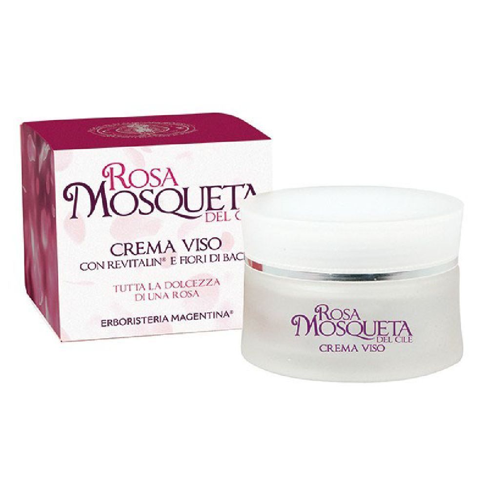 Crema viso con confezione. Rosa Mosqueta del Cile, Crema Viso. Vasetto bianco, scritta rosa.