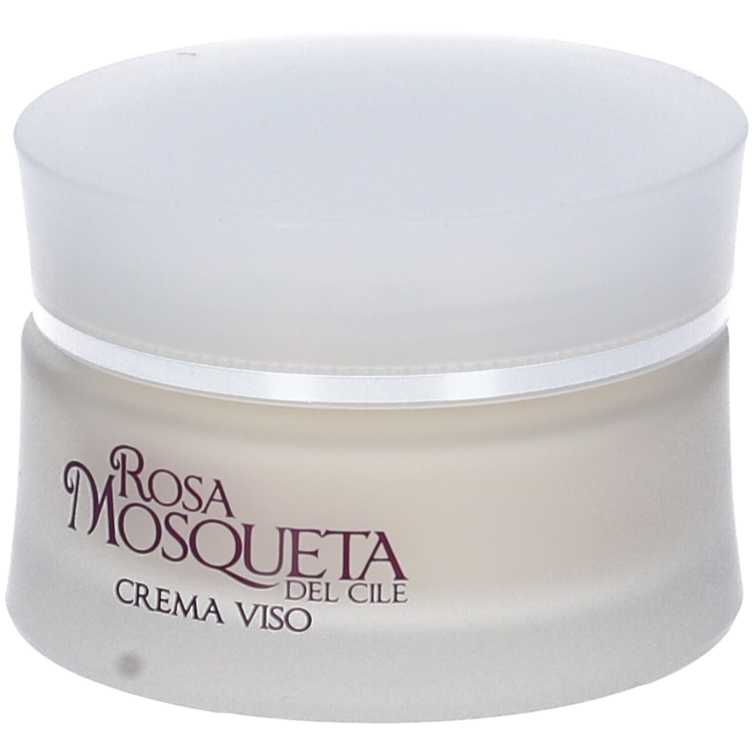 Crema viso in vasetto di vetro bianco con coperchio. Rosa Mosqueta del Cile, Crema Viso.