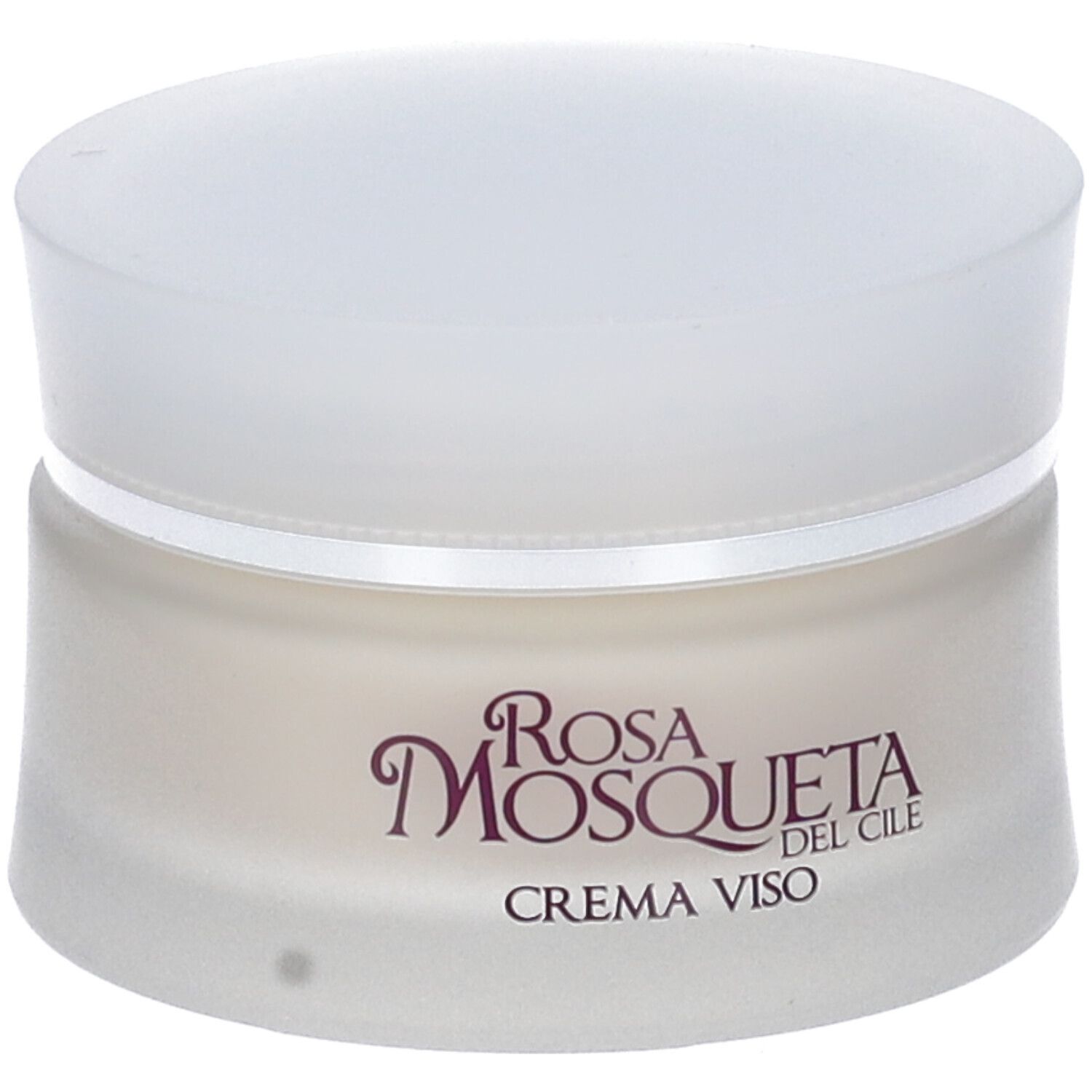 Crema viso in vasetto di vetro bianco con coperchio. Rosa Mosqueta del Cile, Crema Viso.