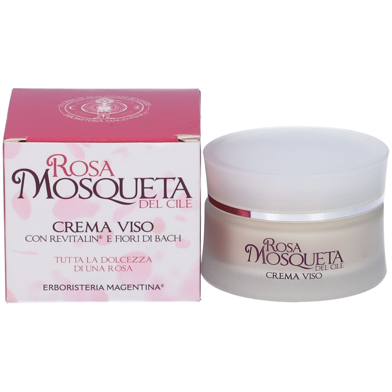 Crema viso e confezione. Rosa Mosqueta del Cile, Crema Viso. Vetro bianco, scritta rosa.