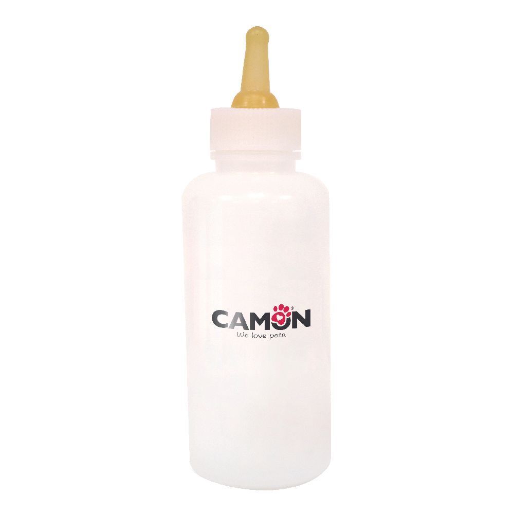 Biberon bianco con tettarella gialla. Logo CAMON stampato sul biberon.