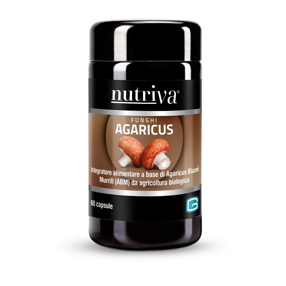 Barattolo scuro con etichetta. Scritta: Nutriva, Agaricus-Kapseln. 60 capsule. Immagine di funghi.