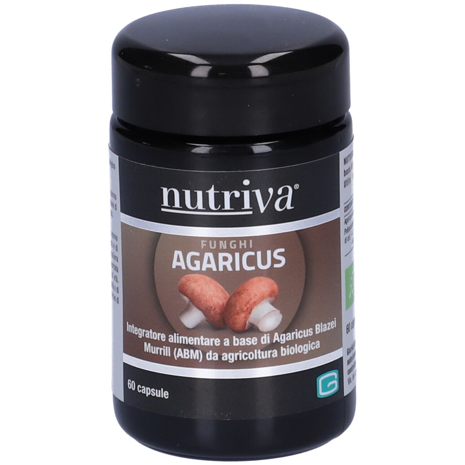 Barattolo scuro con etichetta. Scritta: Nutriva, Agaricus-Kapseln. 60 capsule. Sigillo bio.