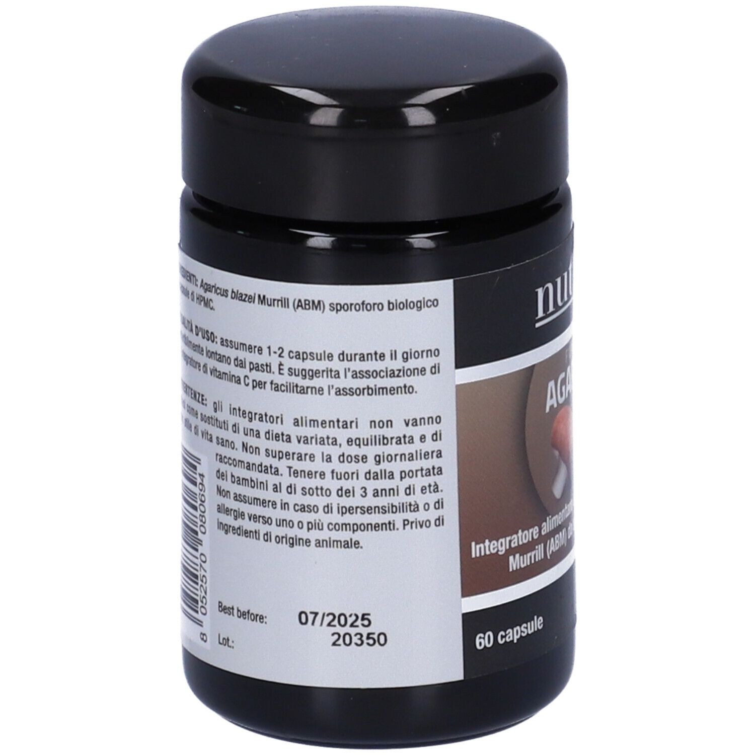 Barattolo scuro con etichetta. Scritta: Nutriva, Agaricus-Kapseln. Retro con testo e data di scadenza.