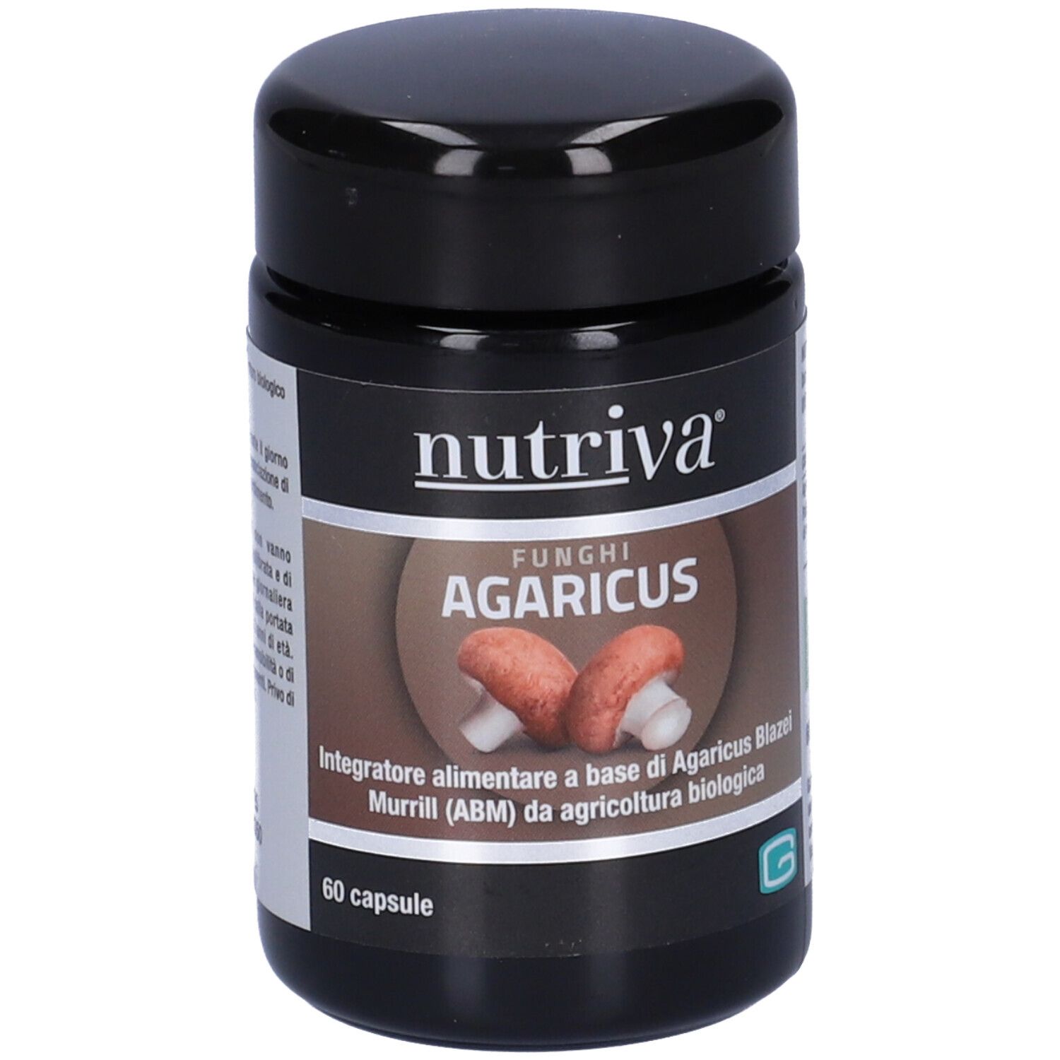 Barattolo scuro con etichetta. Scritta: Nutriva, Agaricus-Kapseln. 60 capsule. Sigillo bio.