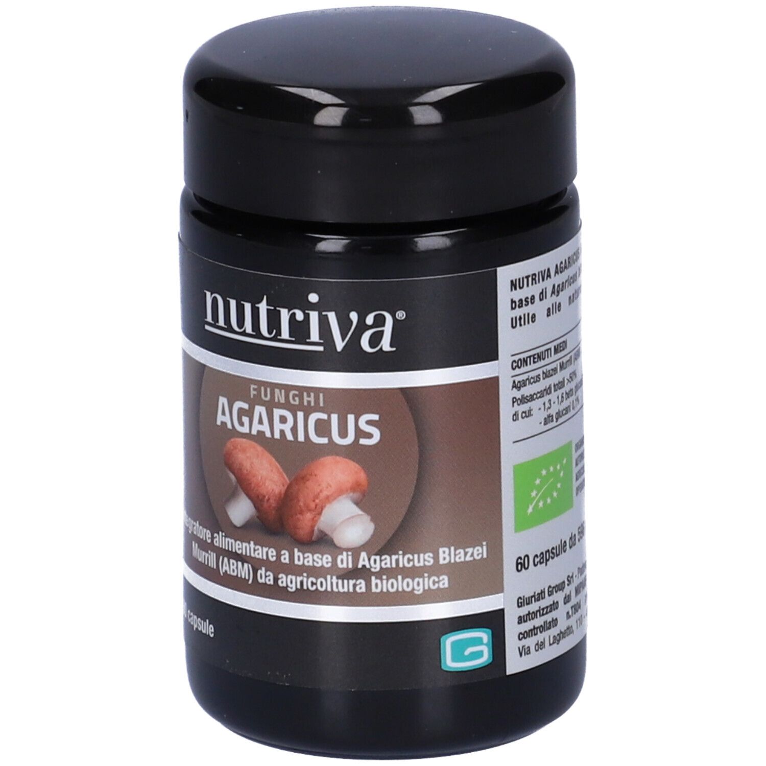 Barattolo scuro con etichetta. Scritta: Nutriva, Agaricus-Kapseln. 60 capsule. Sigillo bio.