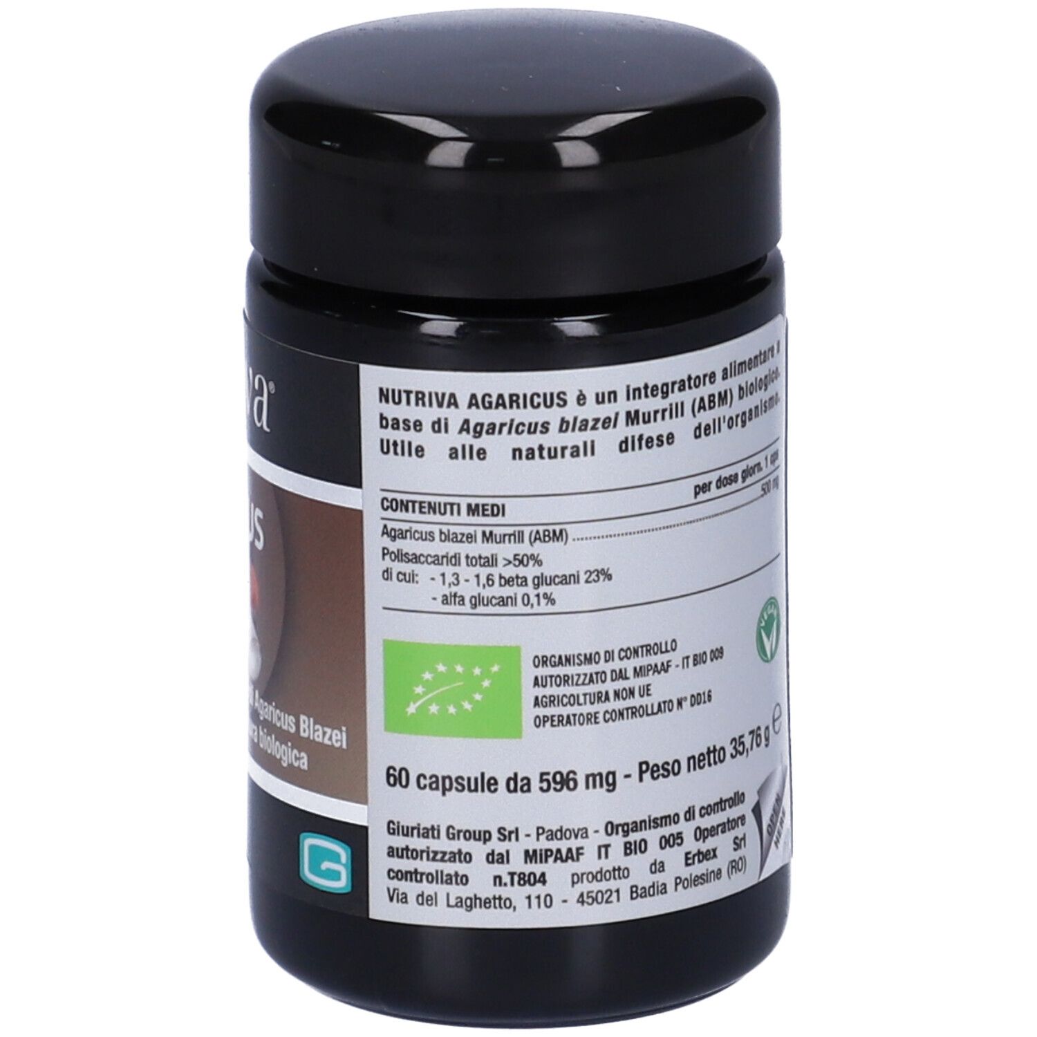 Barattolo scuro con etichetta. Scritta: Nutriva, Agaricus-Kapseln. 60 capsule. Sigillo bio. Valori nutrizionali.