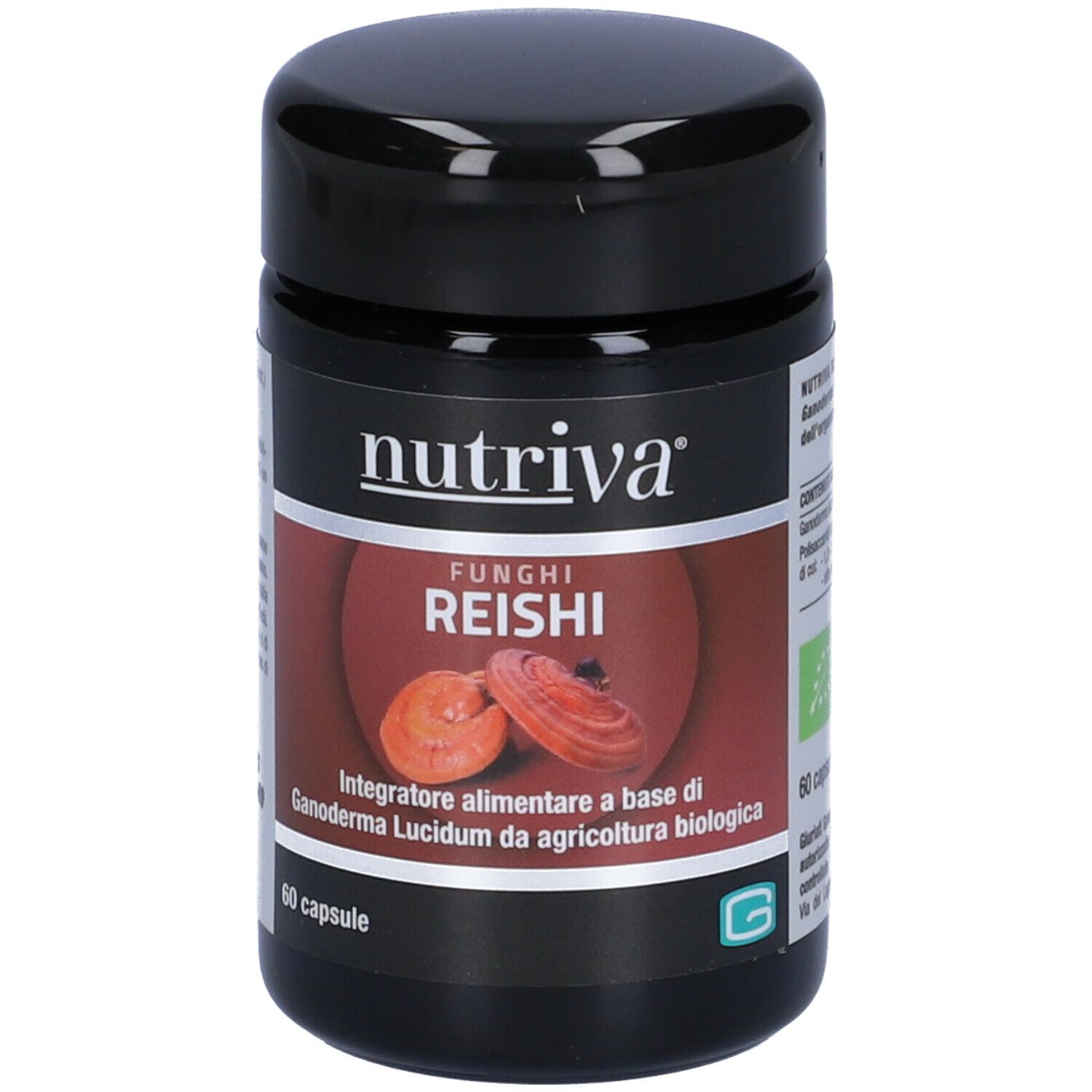 Barattolo nero 'nutriva REISHI'. 60 capsule. Contiene Ganoderma Lucidum da agricoltura biologica.