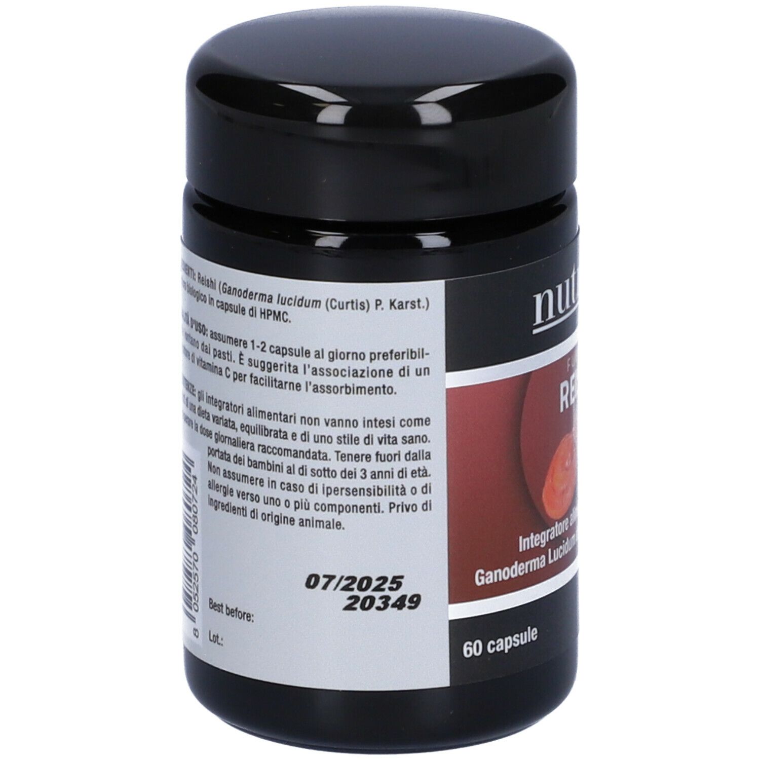 Barattolo nero 'nutriva REISHI'. Ingredienti e data di scadenza 07/2025. 60 capsule.