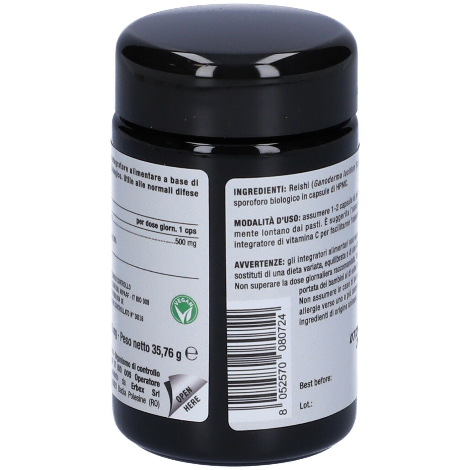 Barattolo nero 'nutriva REISHI'. Sigillo vegano. Peso netto 35,76 g. 60 capsule.