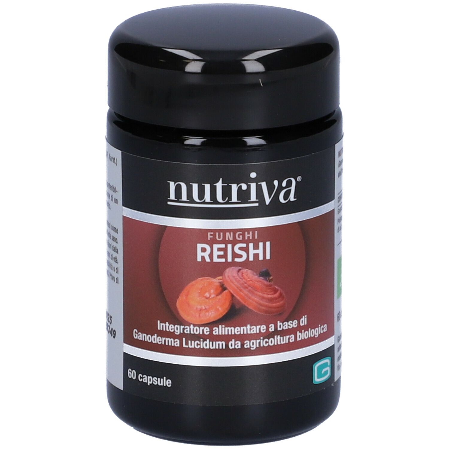 Barattolo nero 'nutriva REISHI'. 60 capsule. Certificazione biologica. Ganoderma Lucidum.