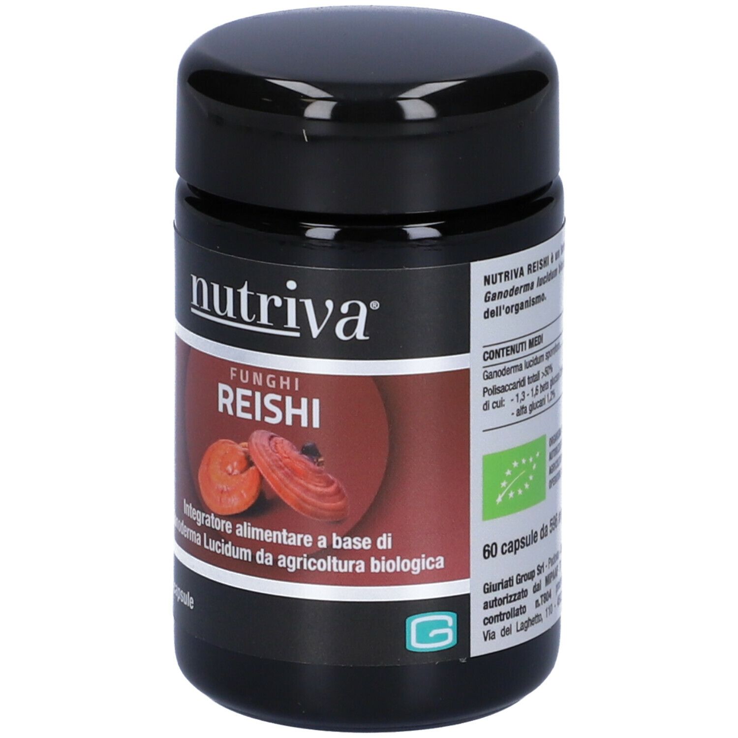 Barattolo nero 'nutriva REISHI'. 60 capsule. Certificazione biologica. Ganoderma Lucidum.