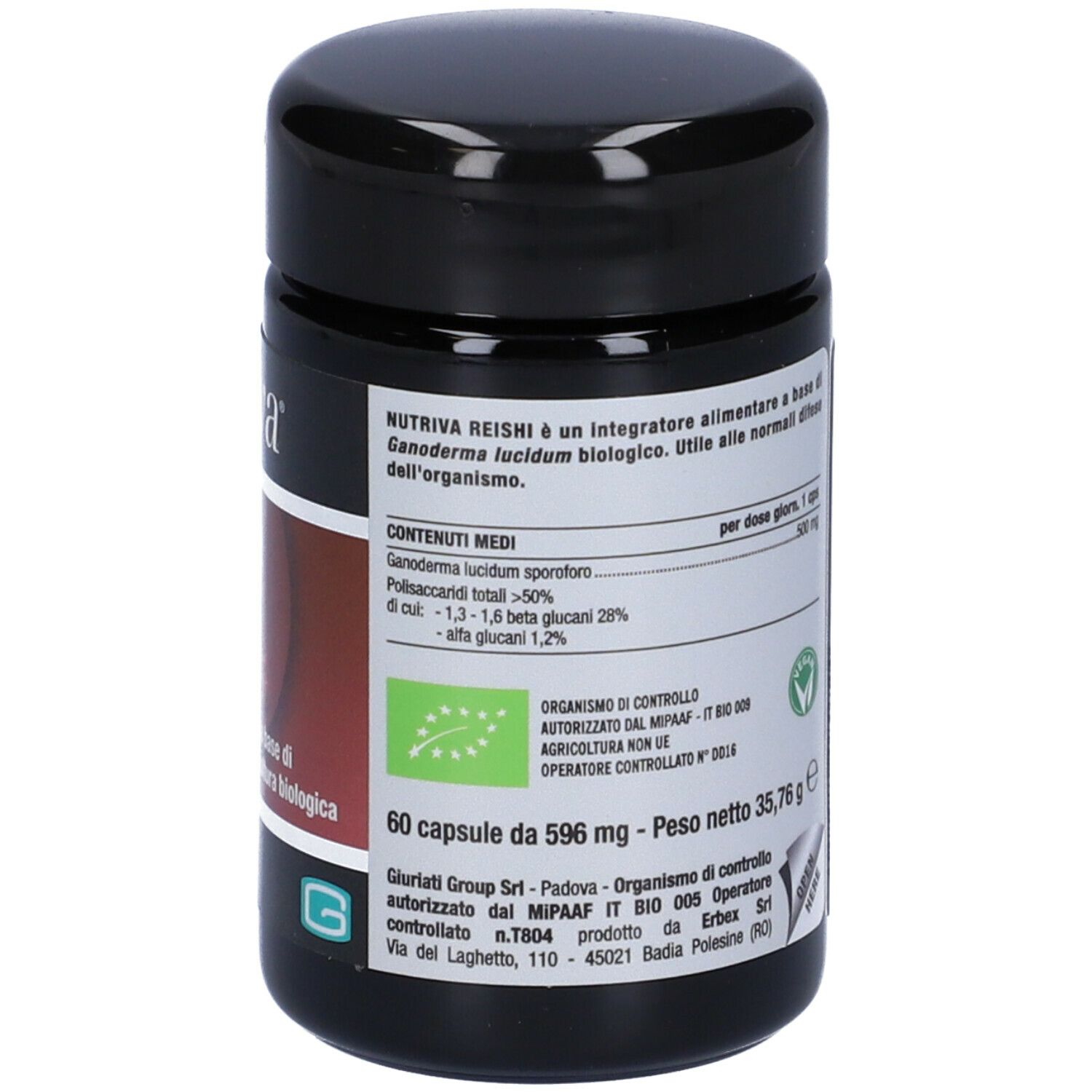 Barattolo nero 'nutriva REISHI'. 60 capsule. Certificazione biologica. Ingredienti e valori nutrizionali.