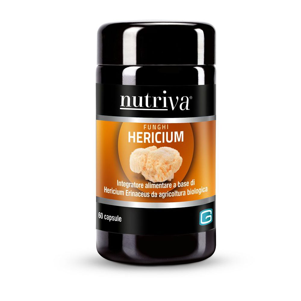 Barattolo nero 'Nutriva Hericium'. Etichetta con nome prodotto, immagine fungo e '60 capsule'.