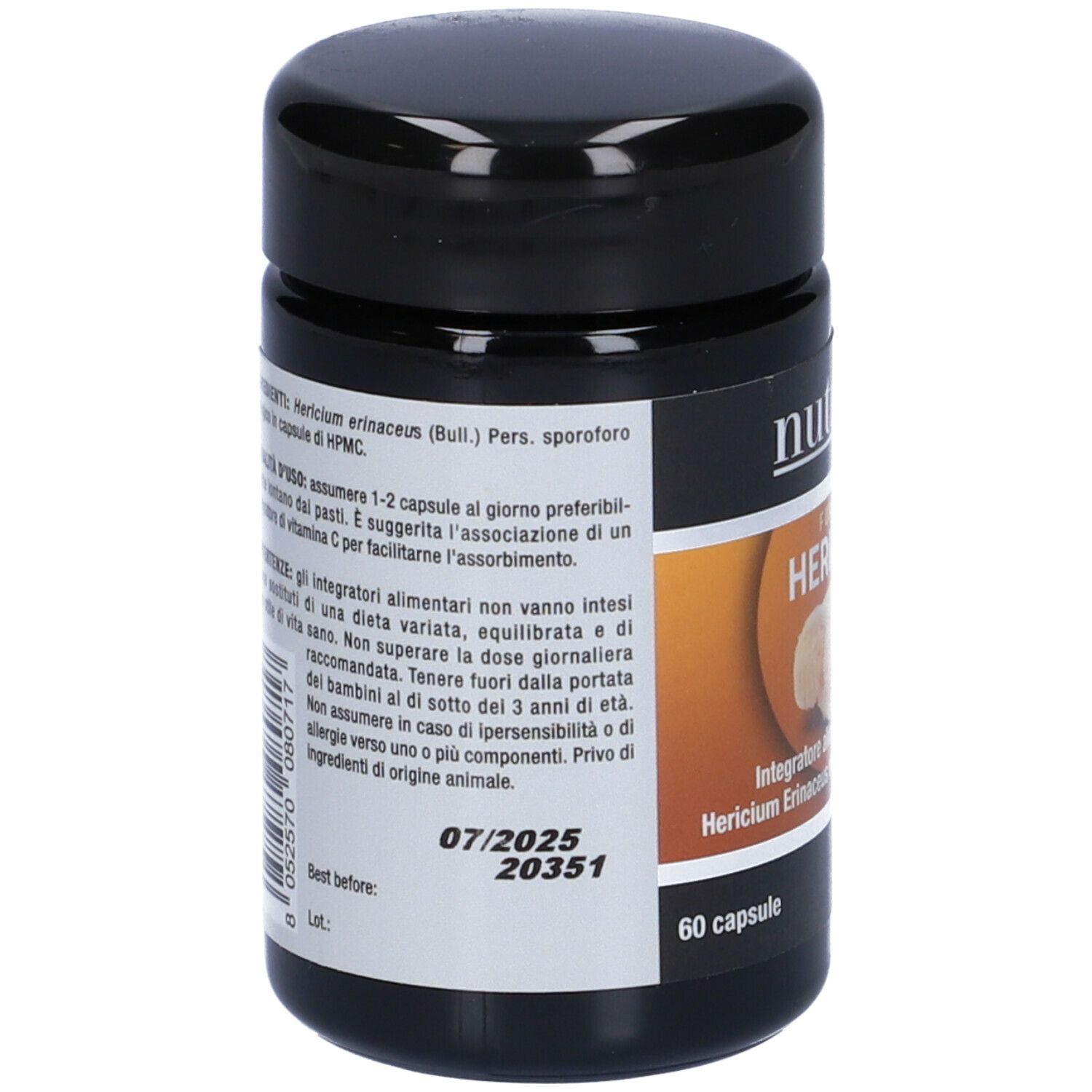 Barattolo nero 'Nutriva Hericium'. Retro con testo, '07/2025' e '20351'.