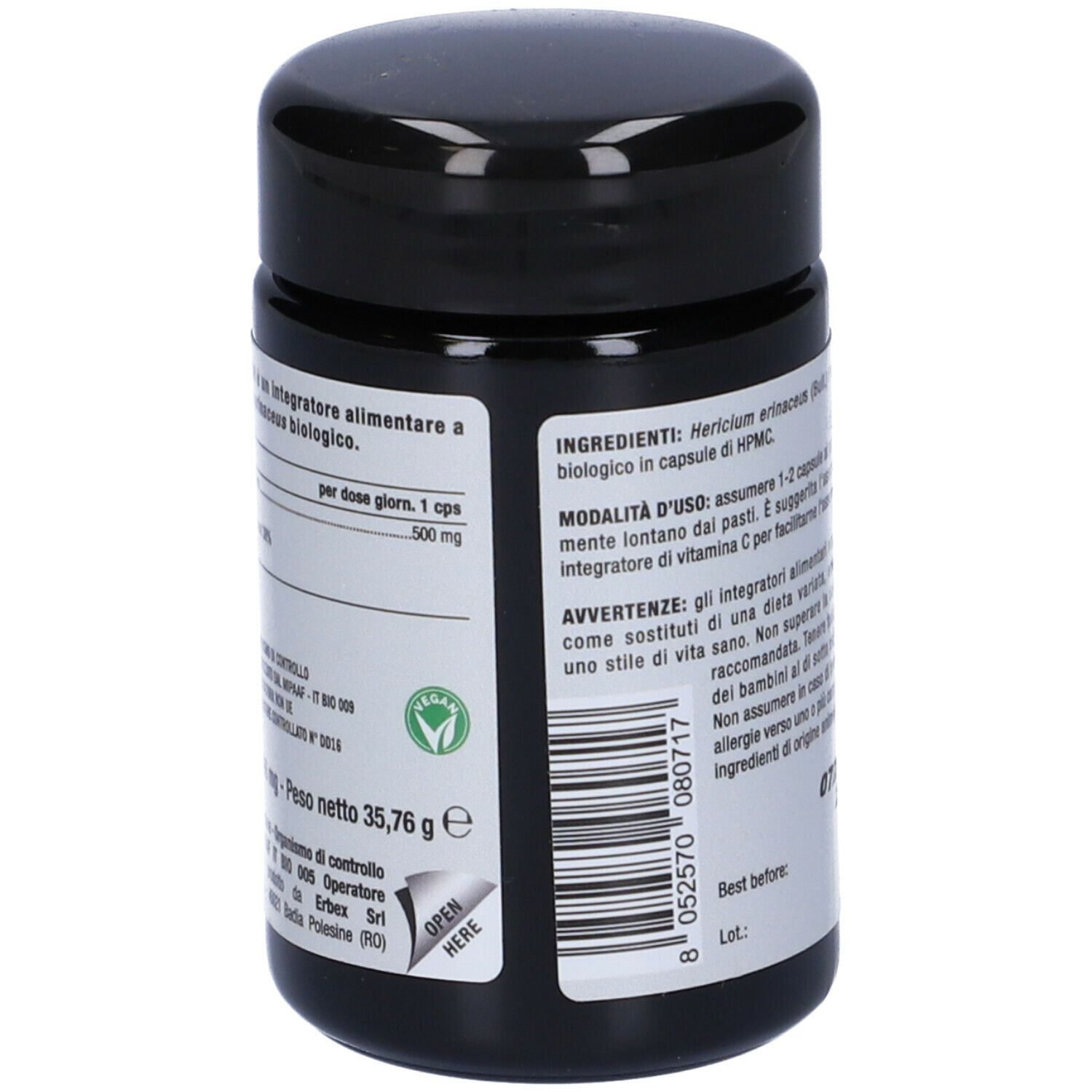 Barattolo nero 'Nutriva Hericium'. Retro con testo, 'Peso netto 35,76 g' e 'OPEN HERE'.