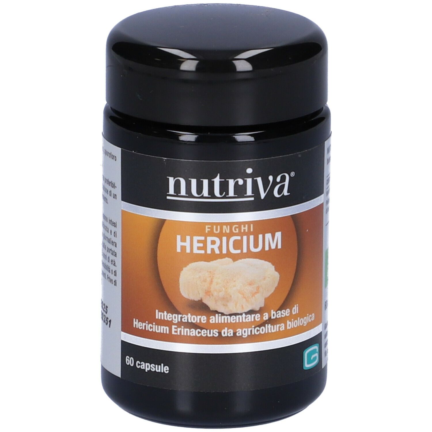 Barattolo nero 'Nutriva Hericium'. Etichetta con nome, immagine fungo e '60 capsule'.