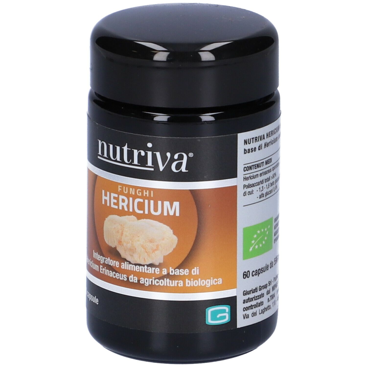 Barattolo nero 'Nutriva Hericium'. Etichetta con nome, immagine fungo, '60 capsule' e sigillo bio.