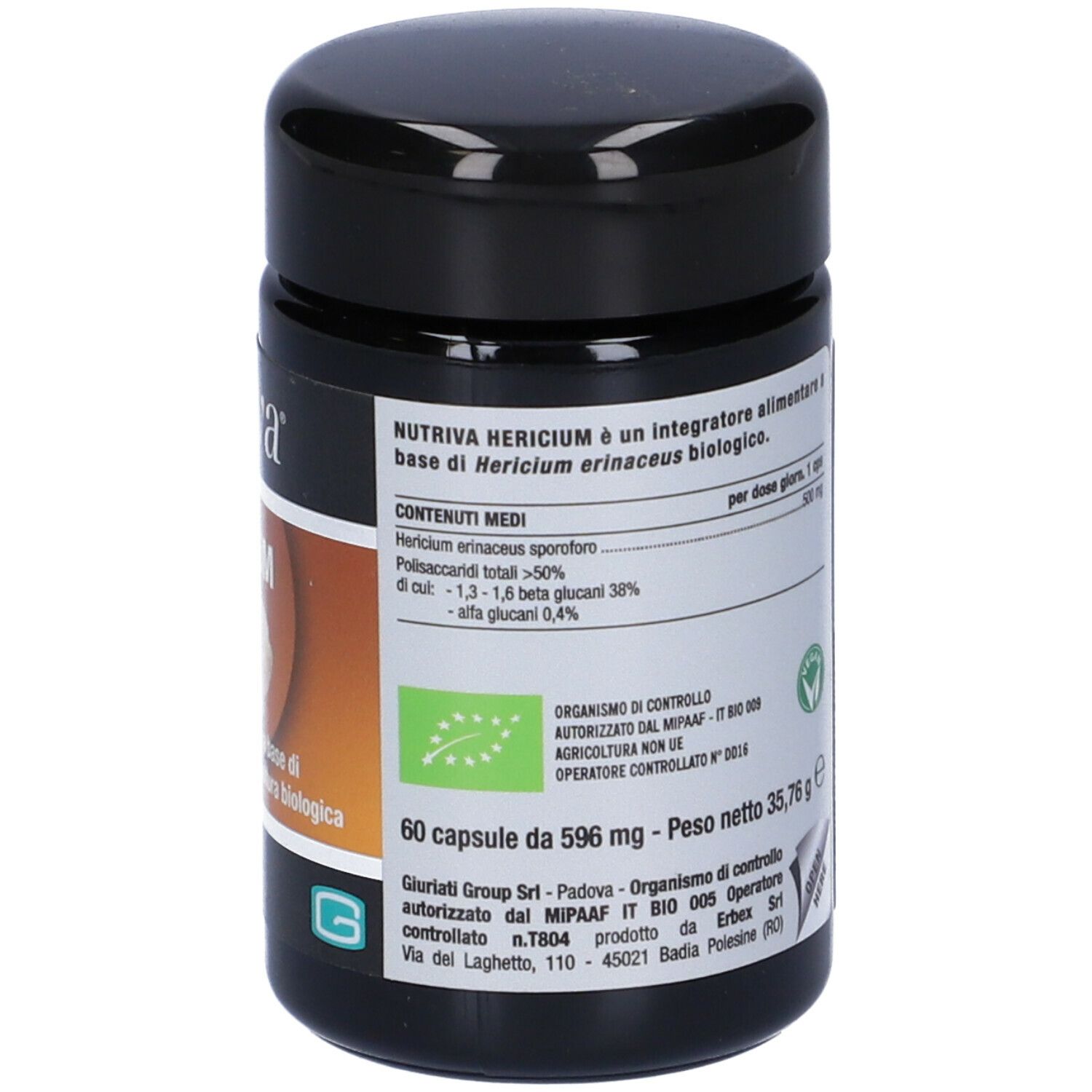 Barattolo nero 'Nutriva Hericium'. Etichetta con nome, immagine fungo, '60 capsule' e sigillo bio.