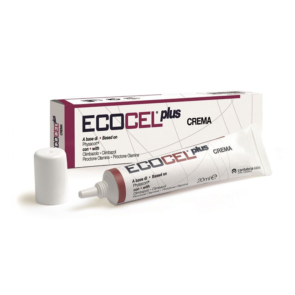 Ecocel Plus Crema, tubo e confezione. Tubo da 20ml. Confezione con nome del prodotto e ingredienti.