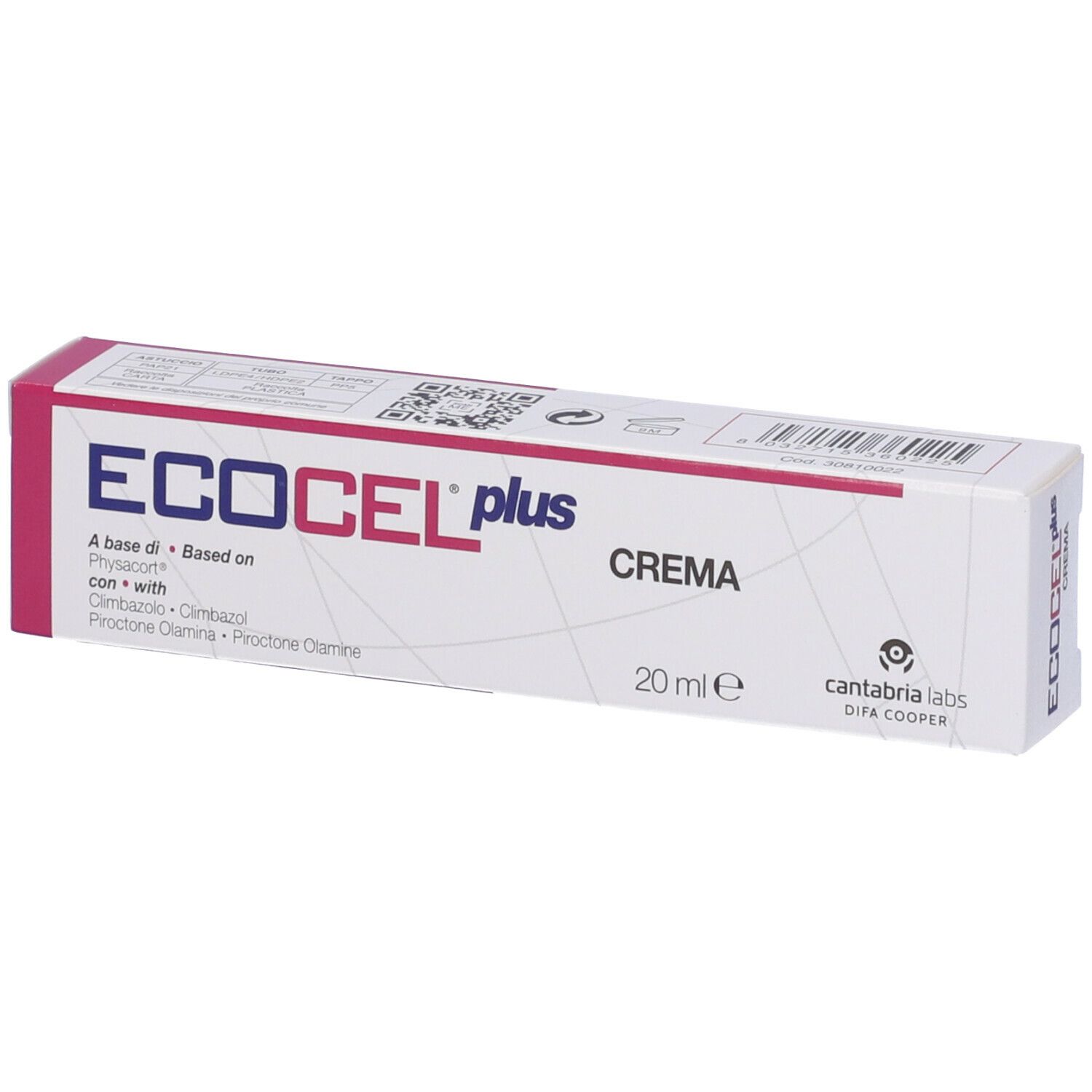 Confezione Ecocel Plus Crema. Nome del prodotto, ingredienti e 20ml visibili.