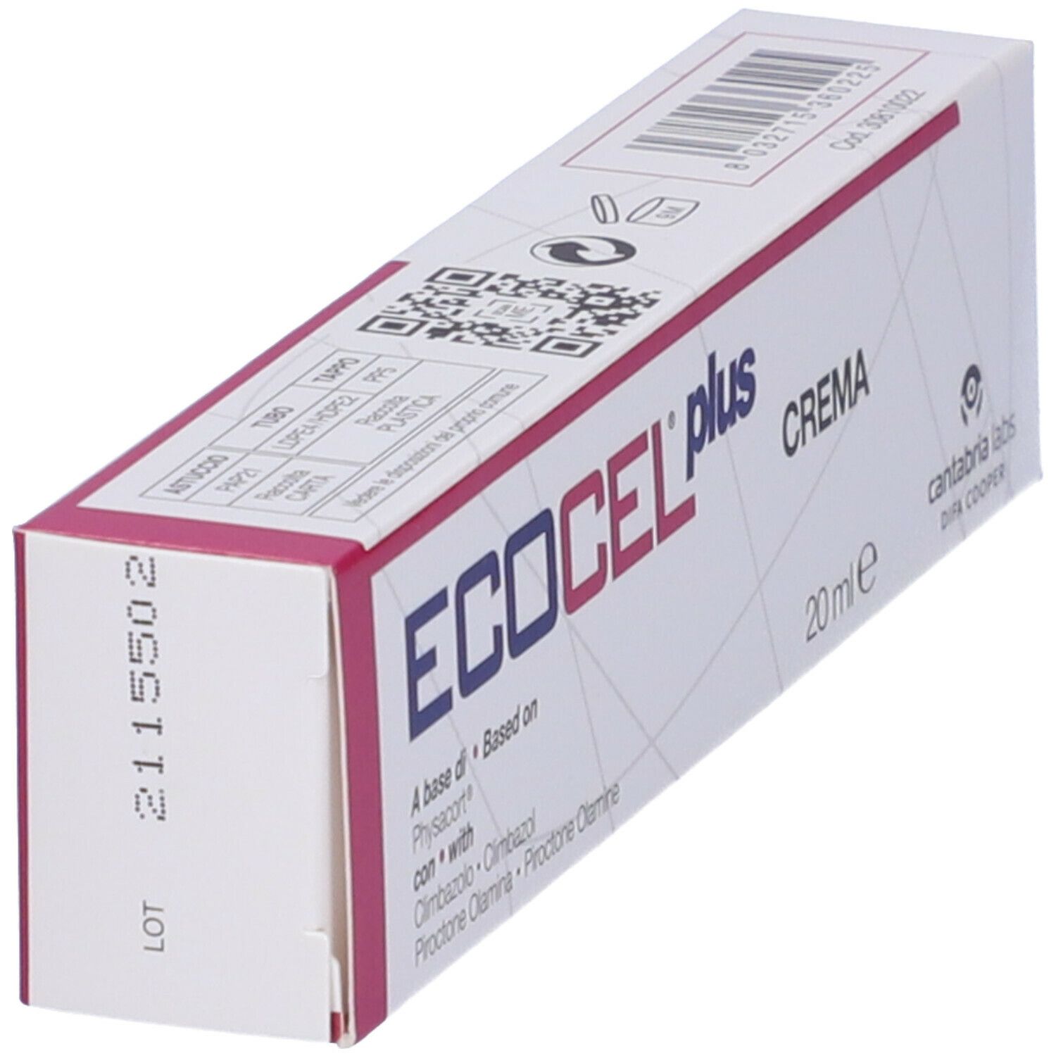 Confezione Ecocel Plus Crema. Nome del prodotto, ingredienti e 20ml visibili.