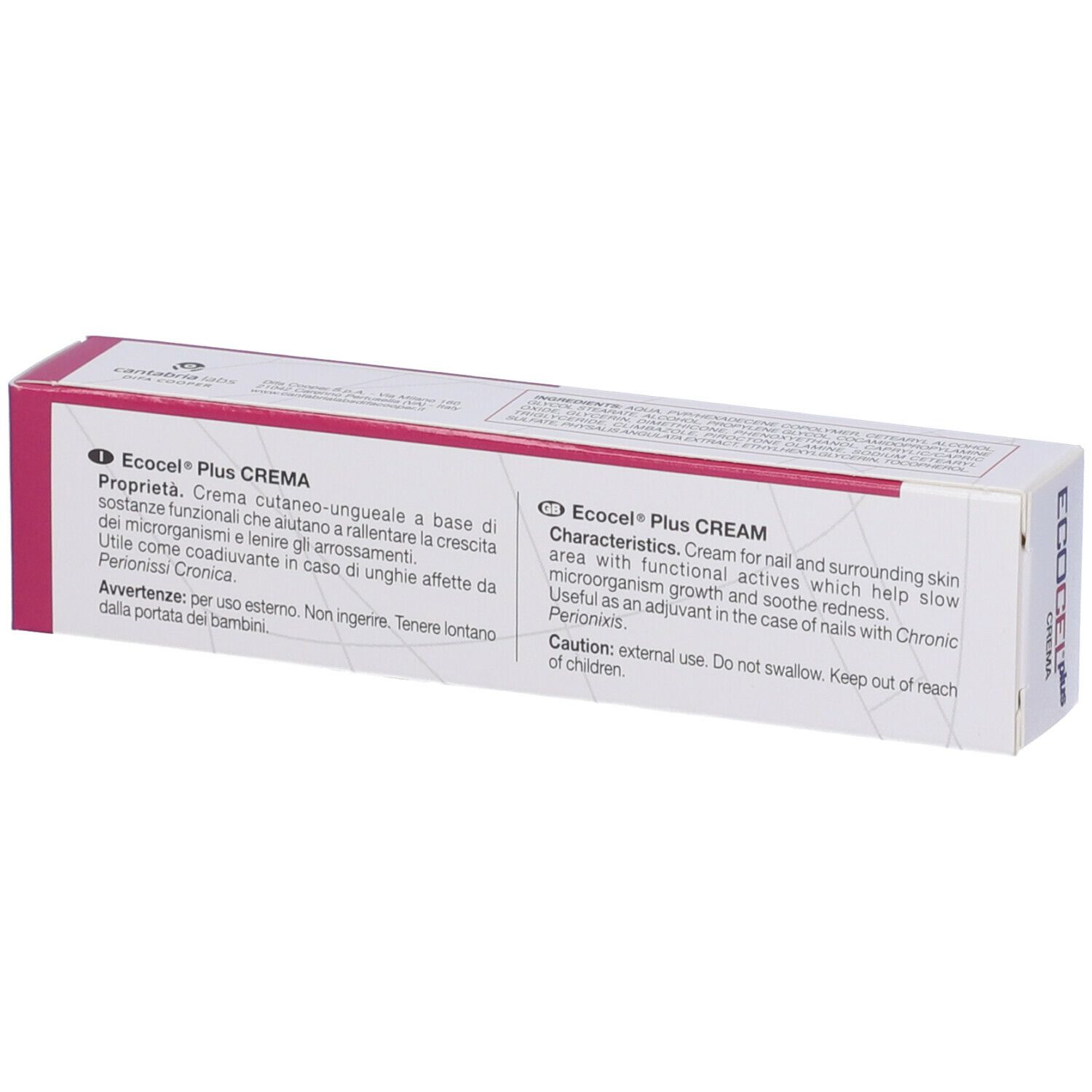 Confezione Ecocel Plus Crema. Nome del prodotto, ingredienti e 20ml visibili.