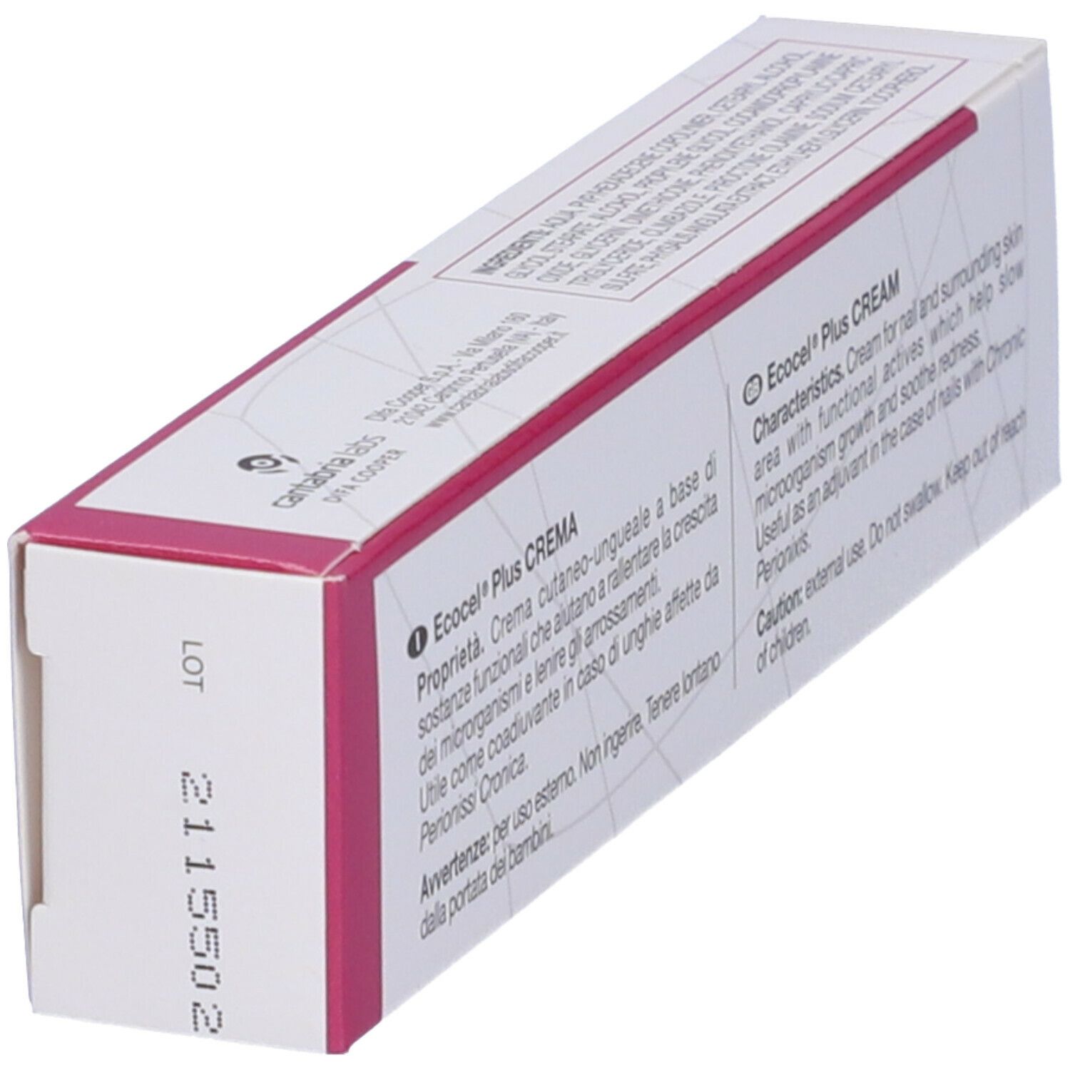 Confezione Ecocel Plus Crema. Nome del prodotto, ingredienti e 20ml visibili.