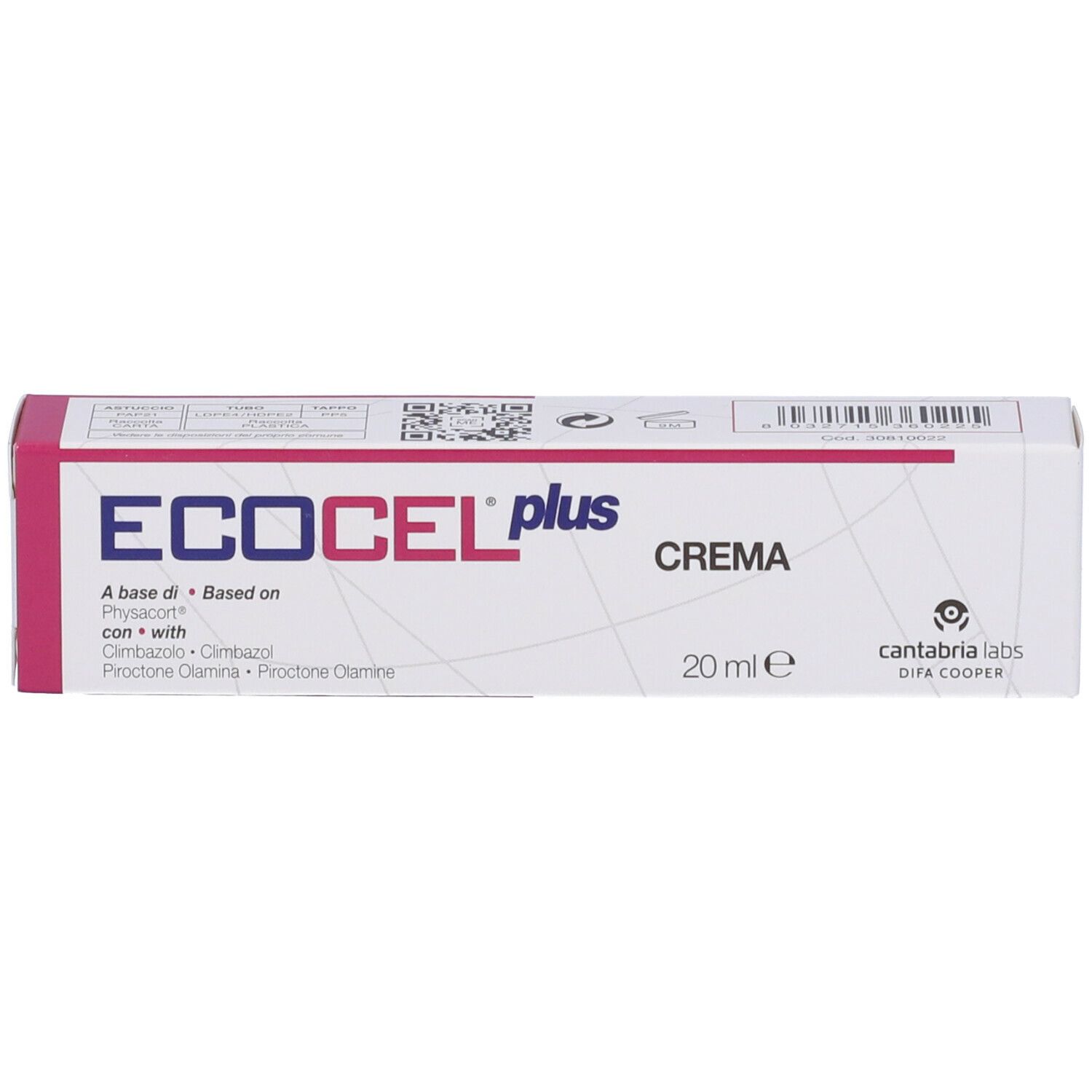 Confezione Ecocel Plus Crema. Nome del prodotto, ingredienti e 20ml visibili.